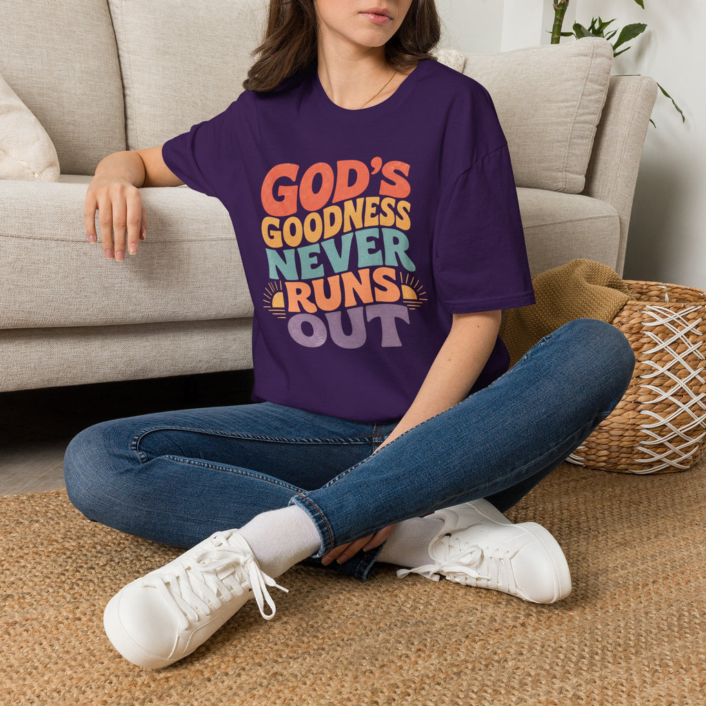 Christian T-Shirt — "God's Goodness Never Runs Out" Retro Faith Tee