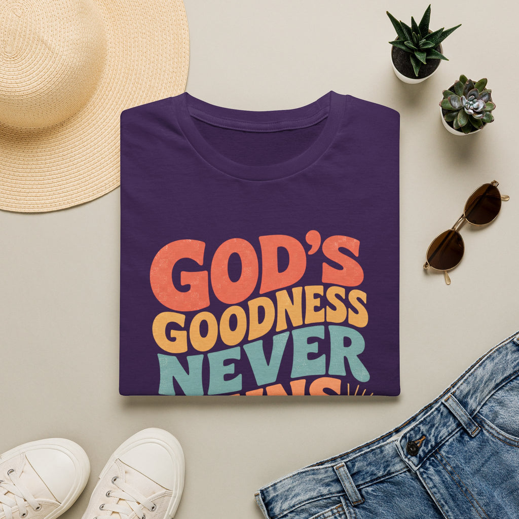 Christian T-Shirt — "God's Goodness Never Runs Out" Retro Faith Tee
