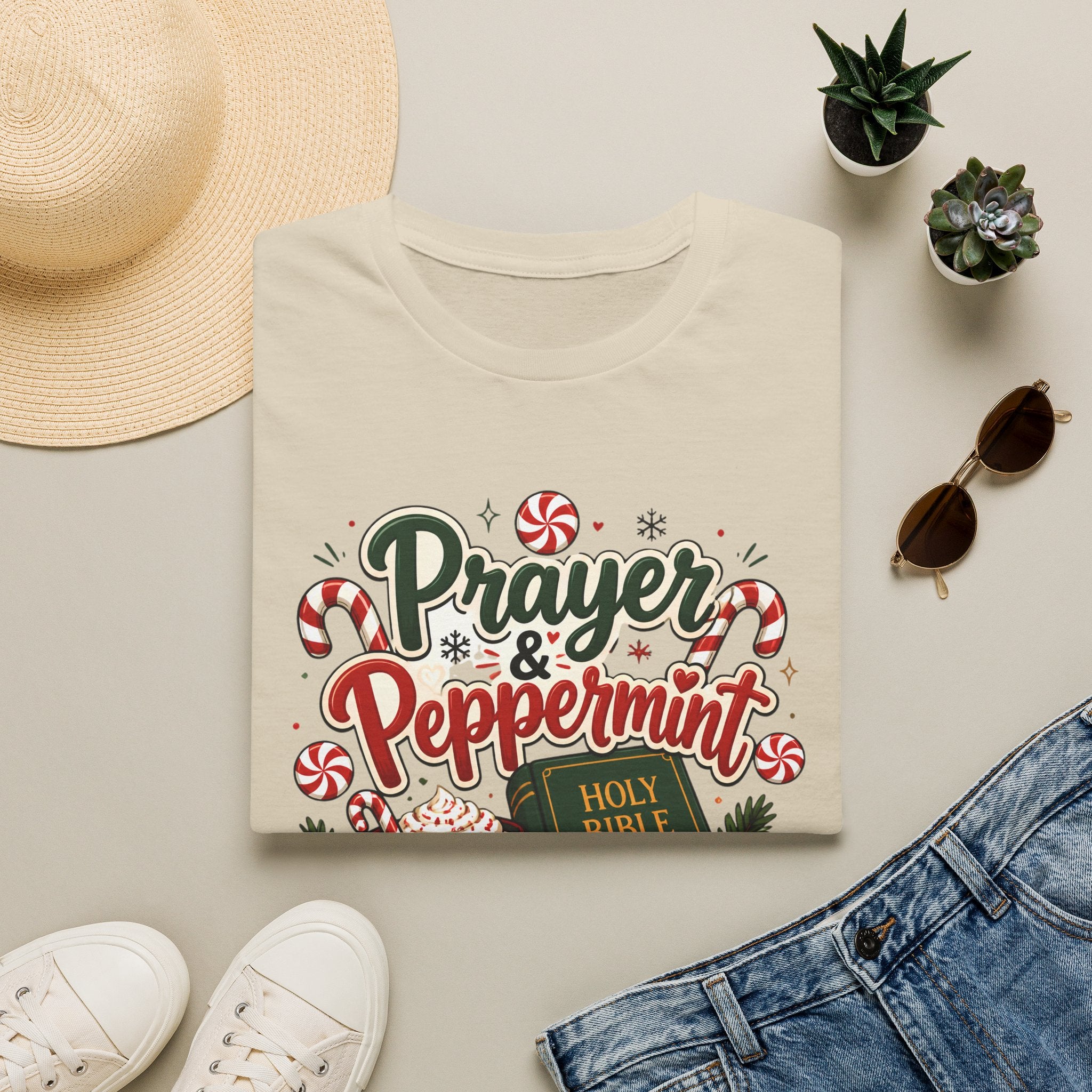 Prayer & Peppermint Christmas T-Shirt — Festive Bible Holiday Tee