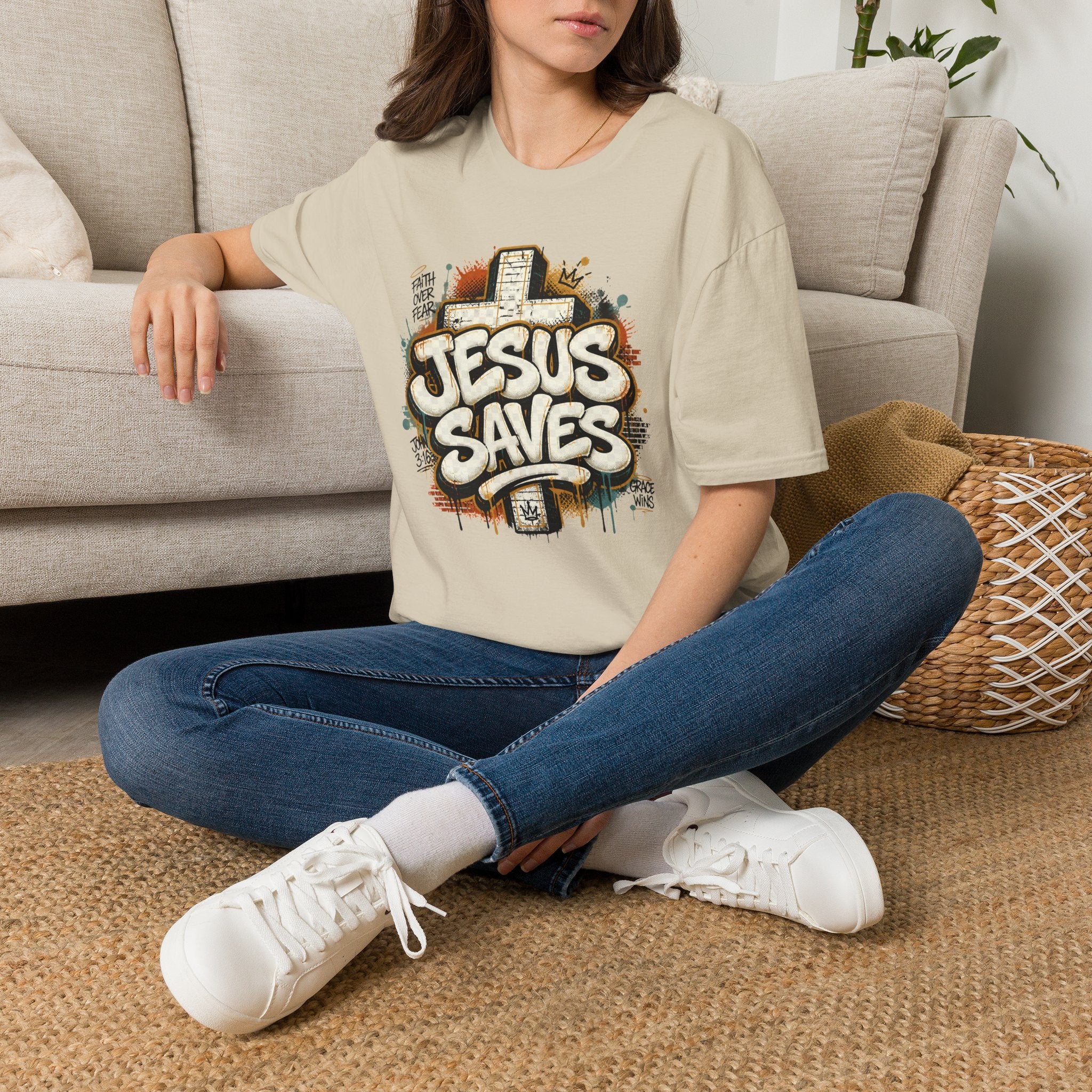 Jesus Saves T‑Shirt — Faith Graffiti Cross Christian Tee