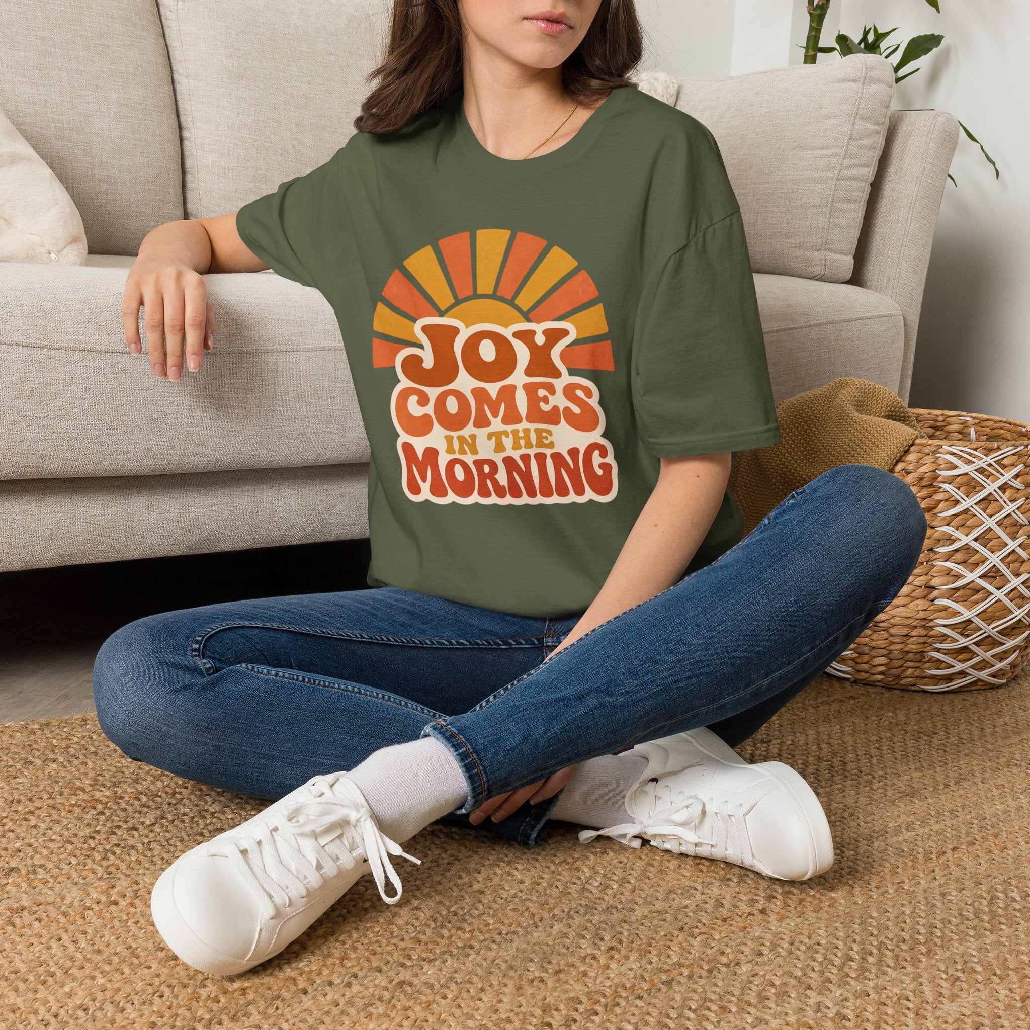 Joy Comes in the Morning T-Shirt — Retro Sunrise Graphic Tee