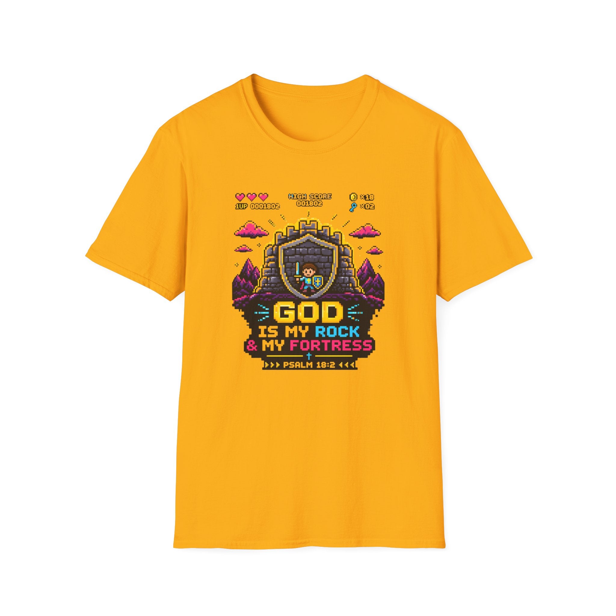 Christian Gamer T-Shirt — "God Is My Rock & My Fortress" Retro Pixel Art Tee