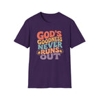Christian T-Shirt — "God's Goodness Never Runs Out" Retro Faith Tee