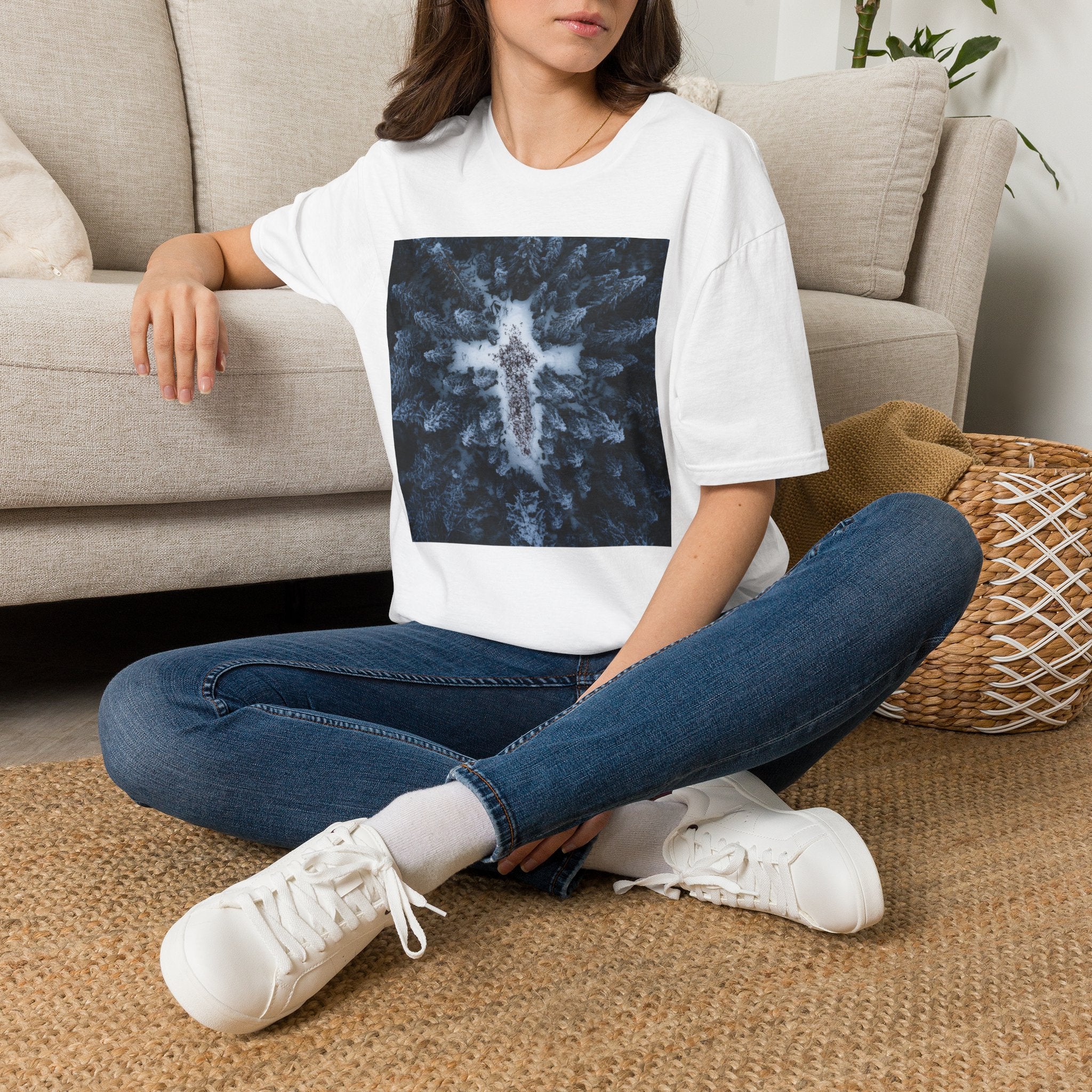 Cross in Snow Aerial Print T-Shirt — Minimalist Winter Graphic Tee