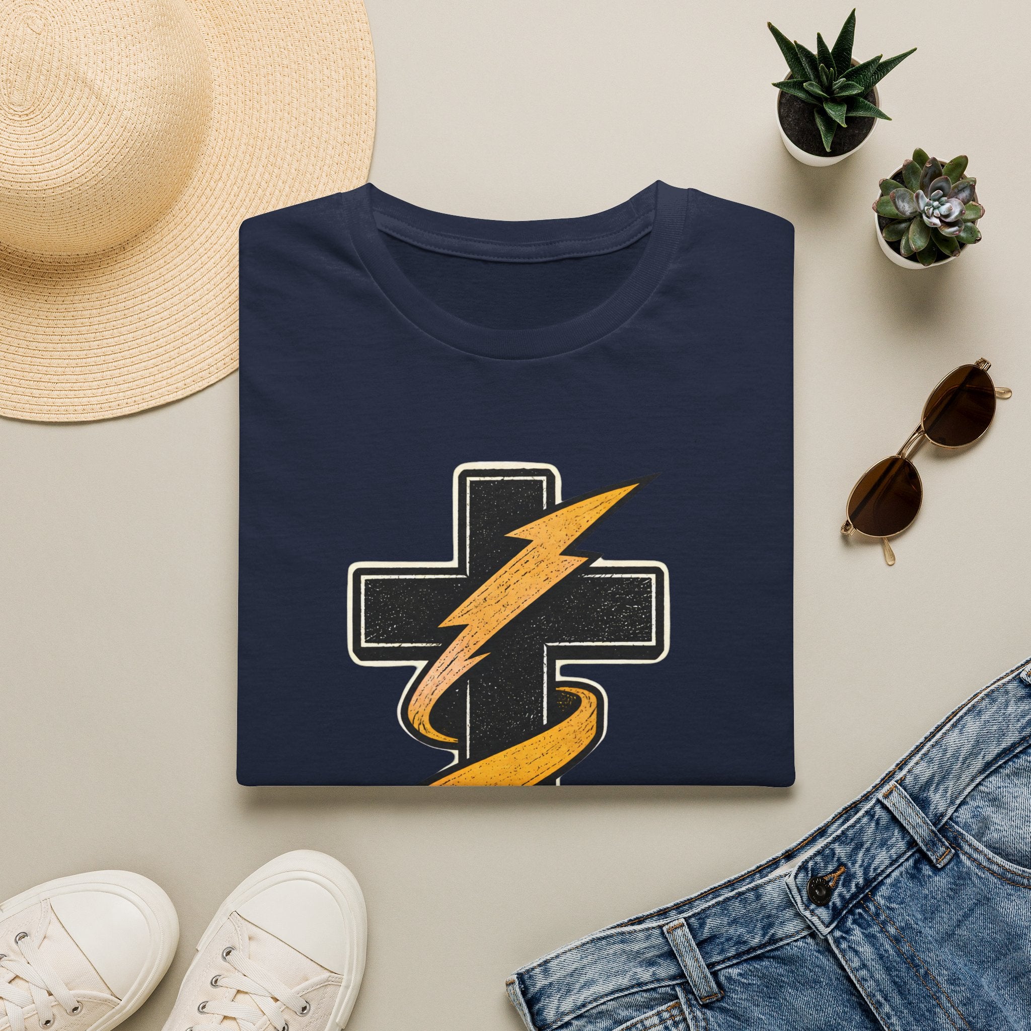 Grace Powered T-Shirt — Faith Cross with Lightning Christian Tee