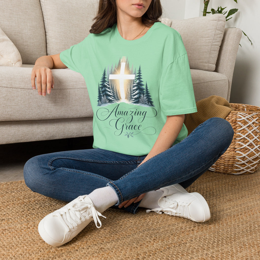 Christian T-Shirt — Cross in Pine Forest with "Amazing Grace" (Faith Tee)