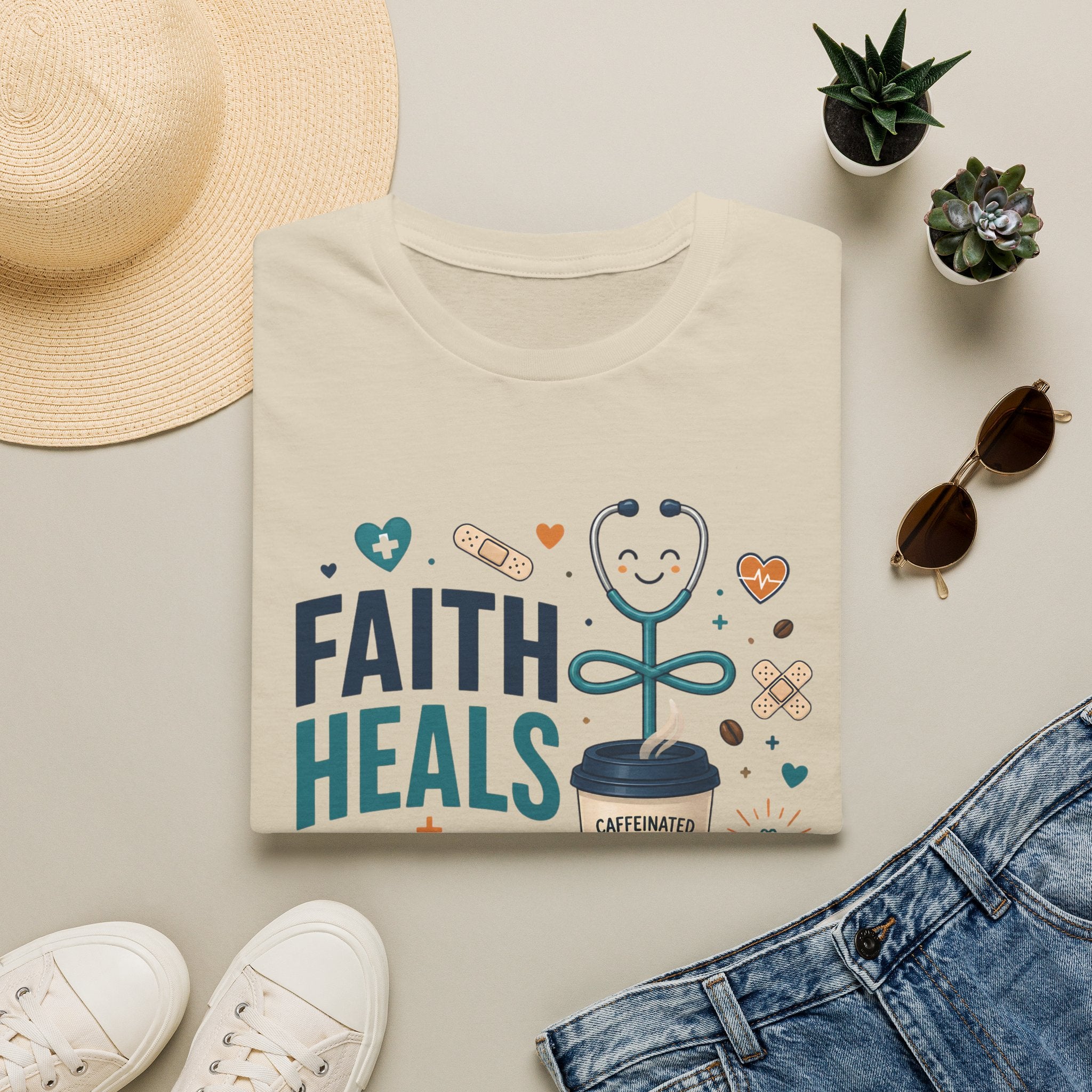 Faith Heals T‑Shirt — Inspirational Medical Stethoscope Coffee Design