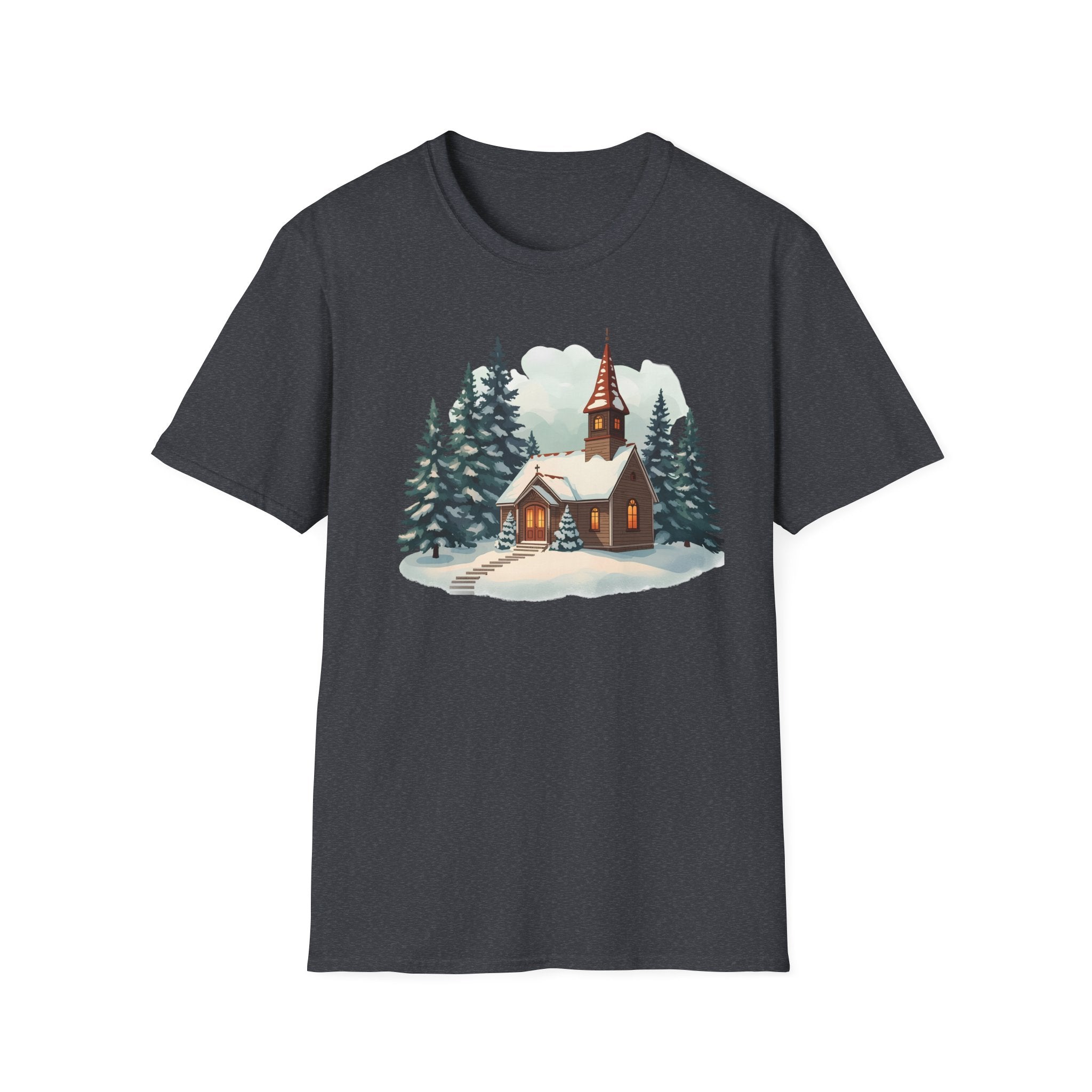 T-Shirt — Cozy Winter Chapel Graphic Tee (Snowy Pine Church)