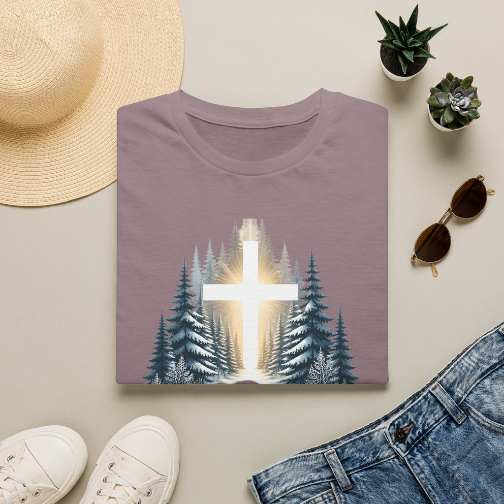 Christian T-Shirt — Cross in Pine Forest with "Amazing Grace" (Faith Tee)