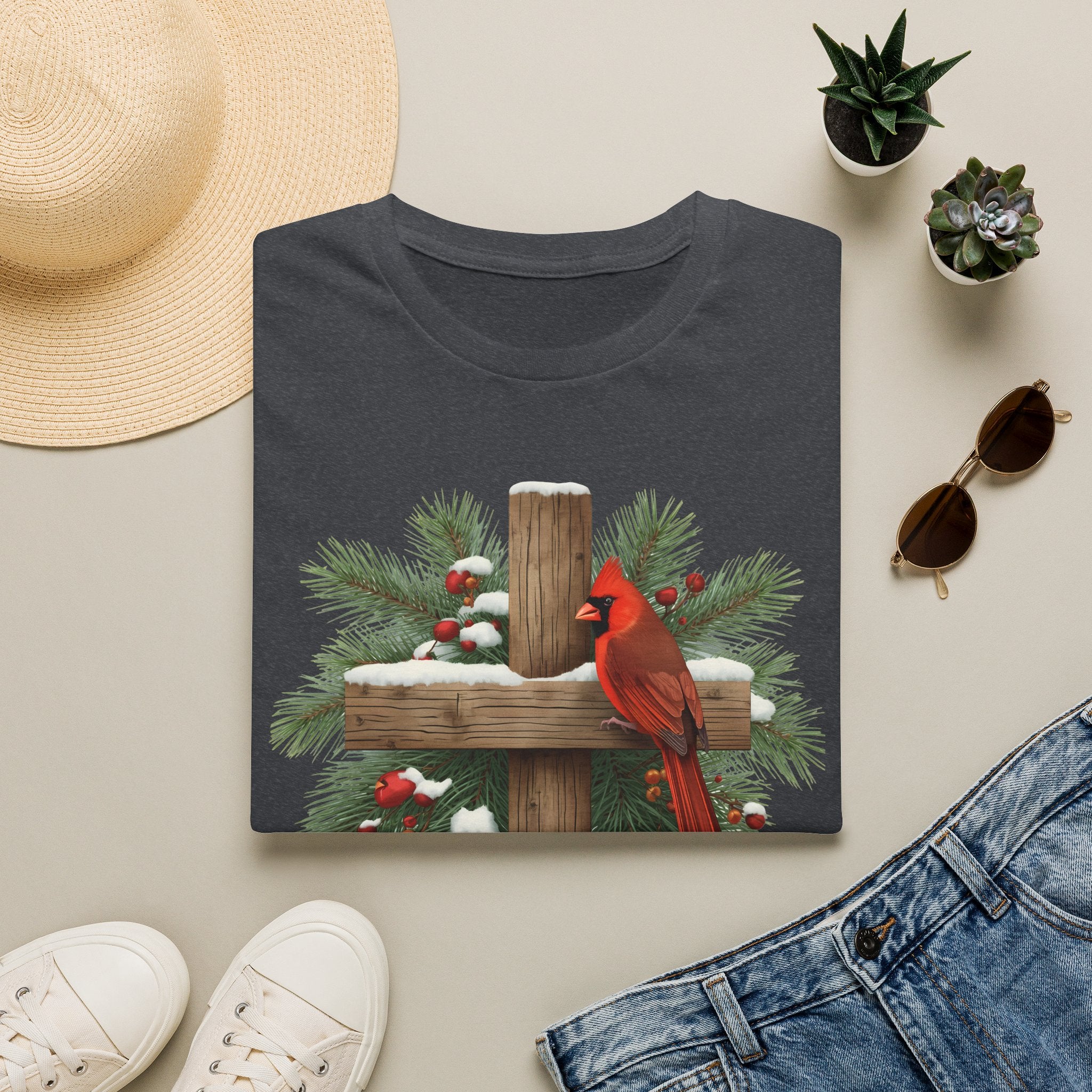 Cardinal on Cross Christmas T-Shirt — Winter Nativity Holiday Tee
