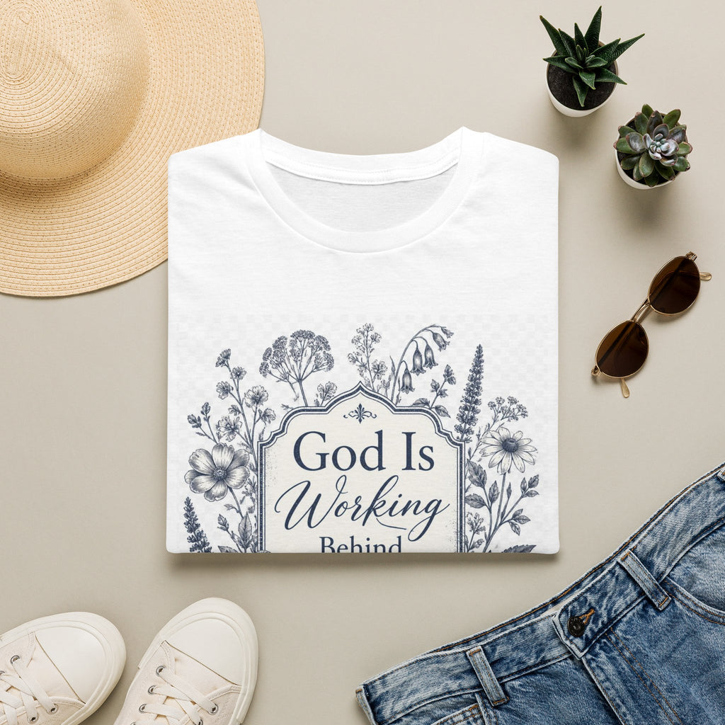God Is Working Behind The Scenes Floral T-Shirt — Inspirational Christian Tee