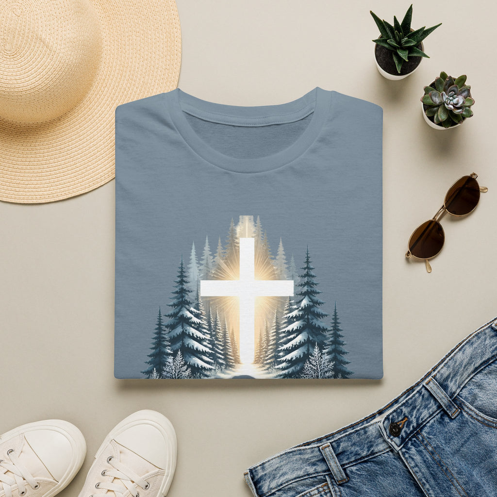 Christian T-Shirt — Cross in Pine Forest with "Amazing Grace" (Faith Tee)