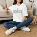 T-Shirt — Minimalist Ocean Waves & Standing Figure Tee — Calm Beach Vibes, Surfing/Travel Gift