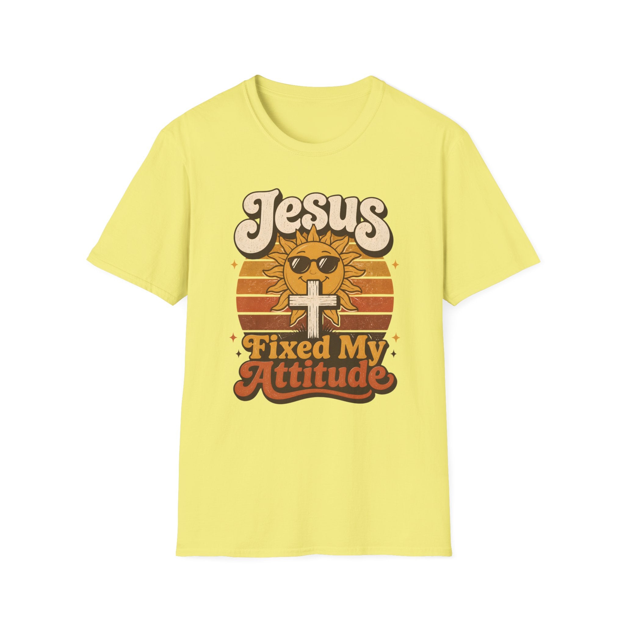 T-Shirt — "Jesus Fixed My Attitude" Retro Sun Graphic Tee