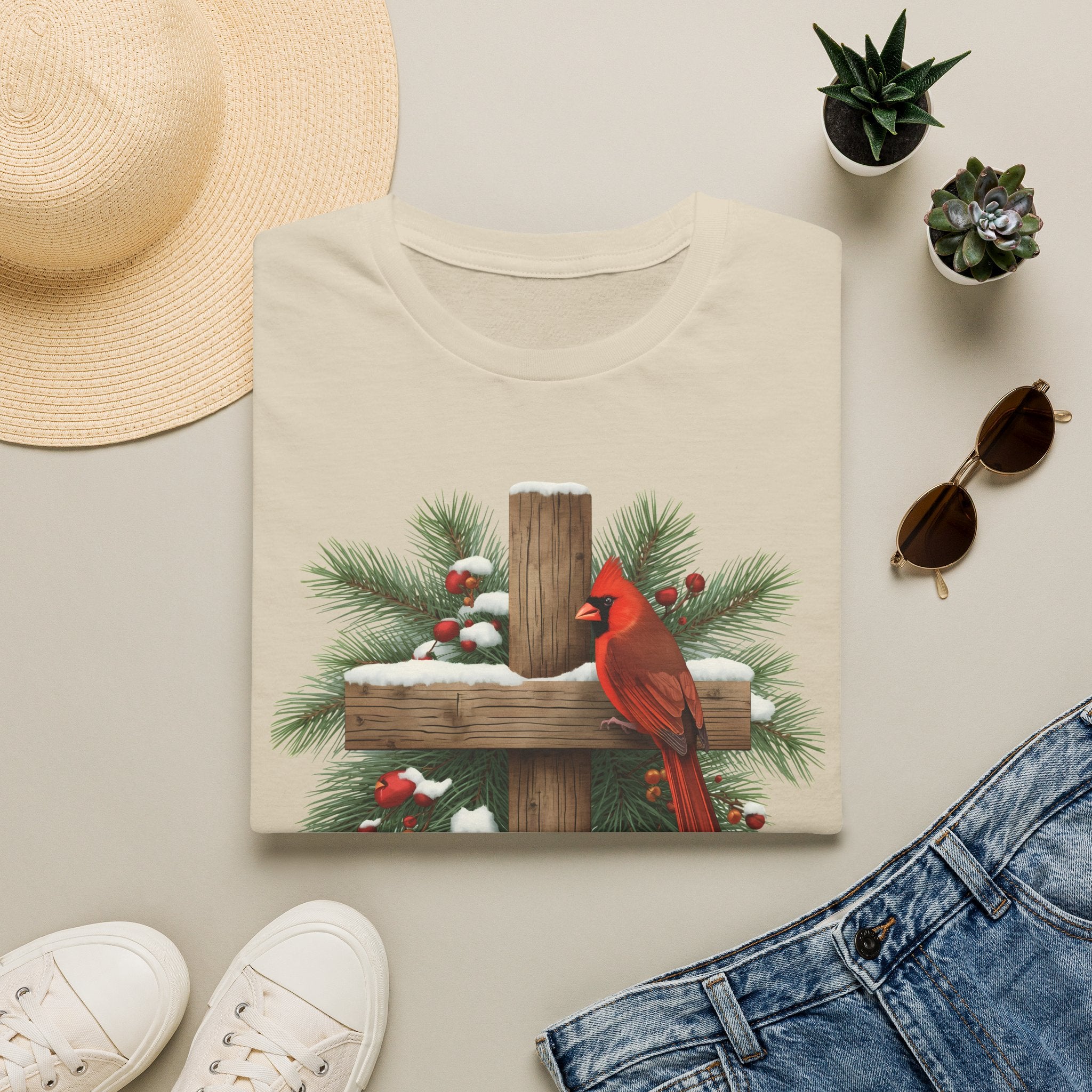 Cardinal on Cross Christmas T-Shirt — Winter Nativity Holiday Tee
