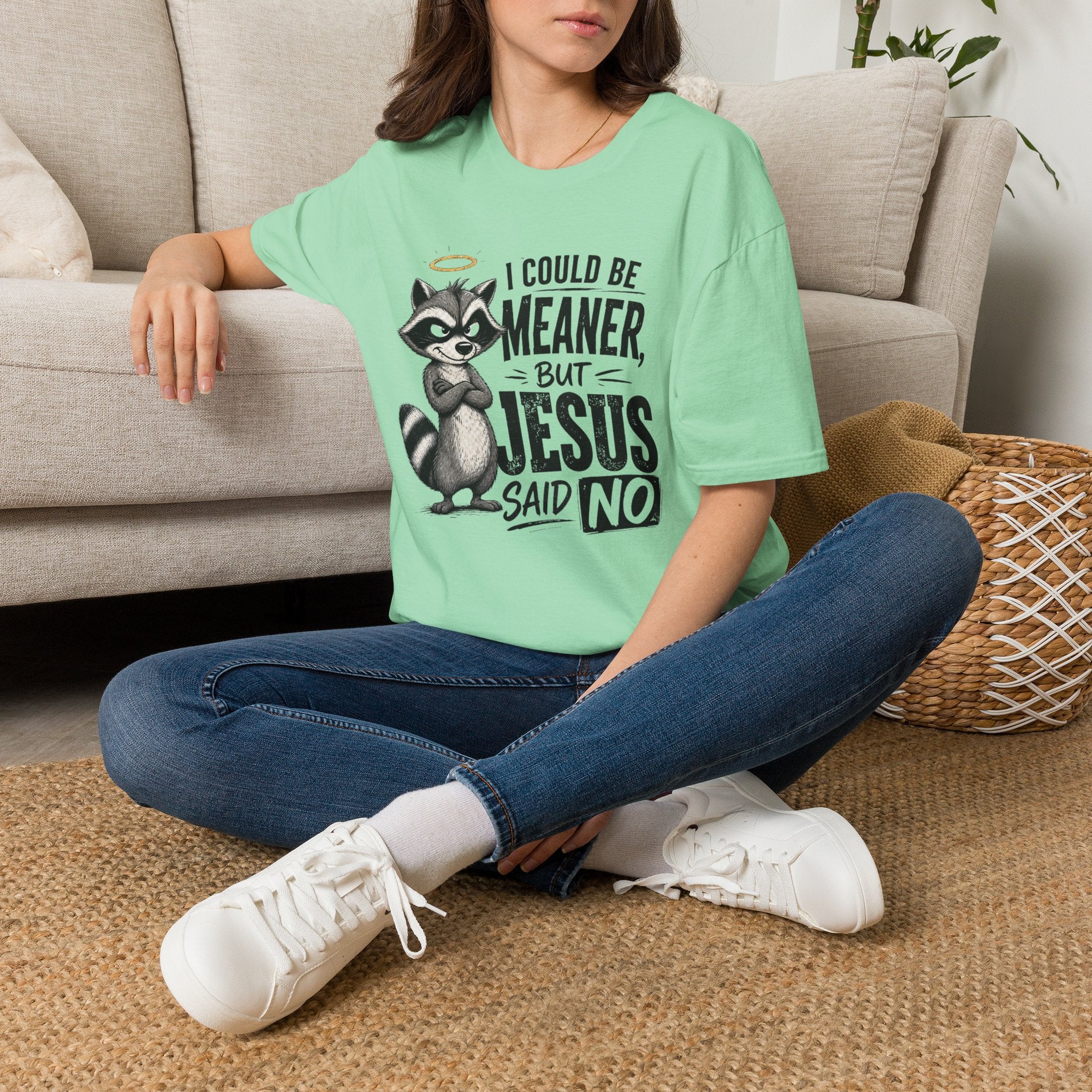 T‑Shirt — "I Could Be Meaner But Jesus Said No" Cute Raccoon Christian Tee