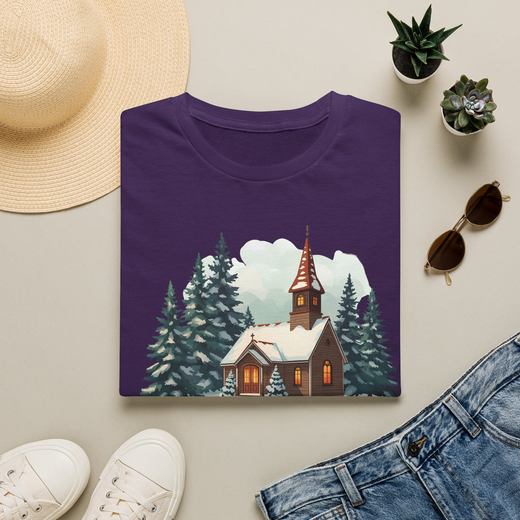 T-Shirt — Cozy Winter Chapel Graphic Tee (Snowy Pine Church)