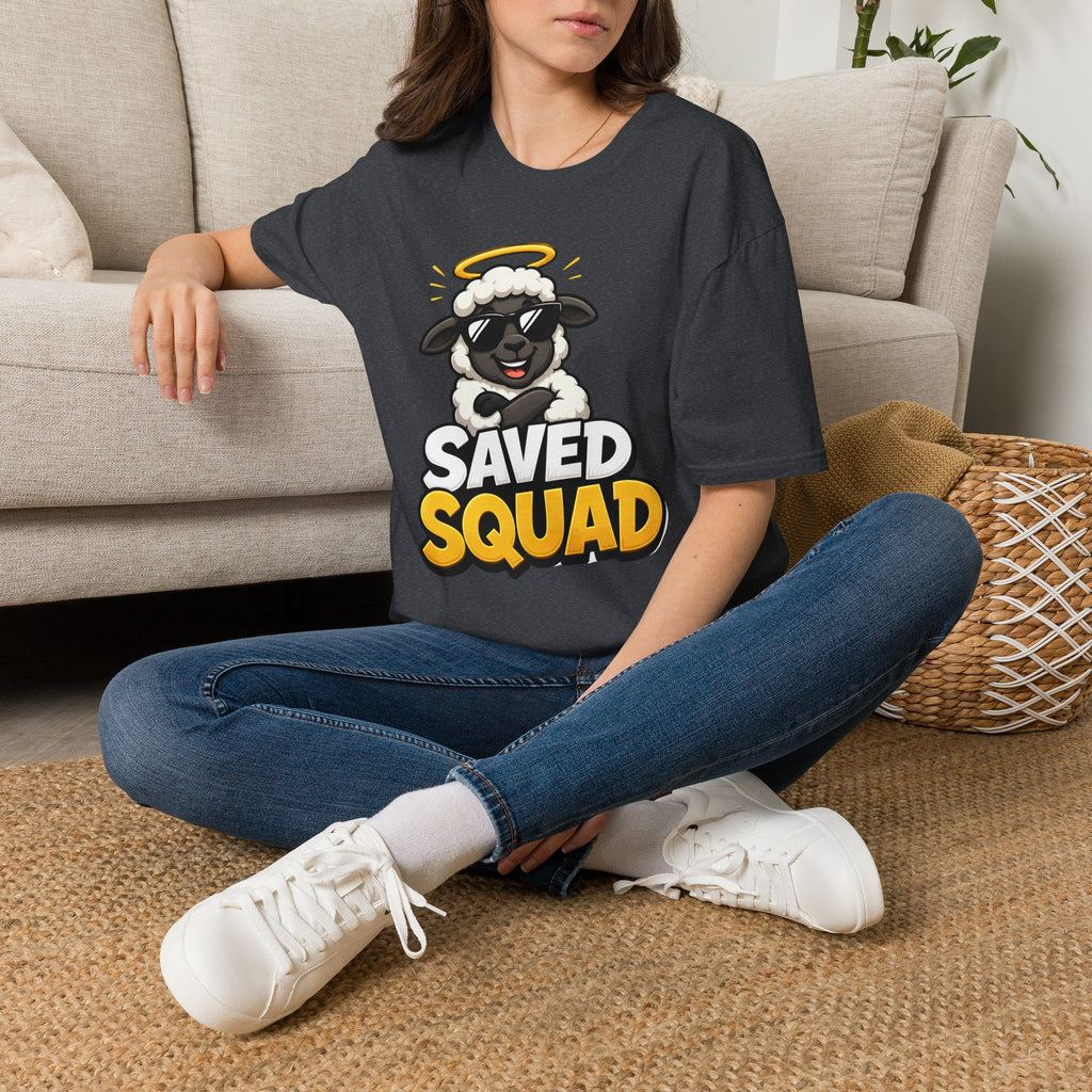Saved Squad T‑Shirt — Cute Angel Sheep Graphic Tee for Christian Youth & Church Groups