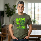 Video Game Christian T-Shirt — "Game Over? Sin Wins? Never." Neon Green Gamer Tee