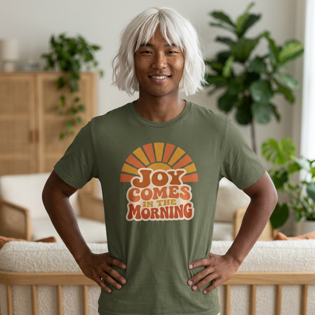 Joy Comes in the Morning T-Shirt — Retro Sunrise Graphic Tee