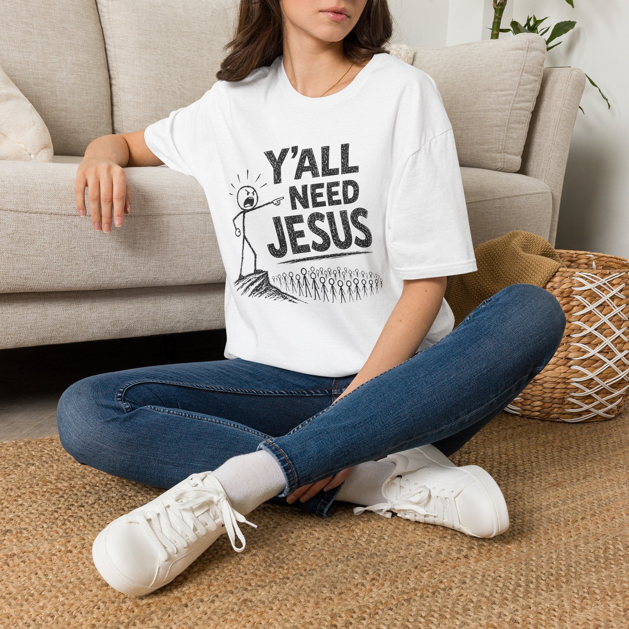 Y'all Need Jesus T-Shirt — Funny Christian Faith Tee, Stick Figure Prayer Graphic