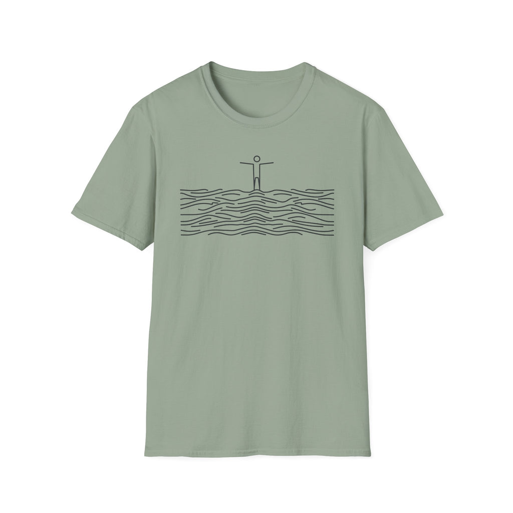 T-Shirt — Minimalist Ocean Waves & Standing Figure Tee — Calm Beach Vibes, Surfing/Travel Gift