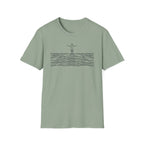 T-Shirt — Minimalist Ocean Waves & Standing Figure Tee — Calm Beach Vibes, Surfing/Travel Gift