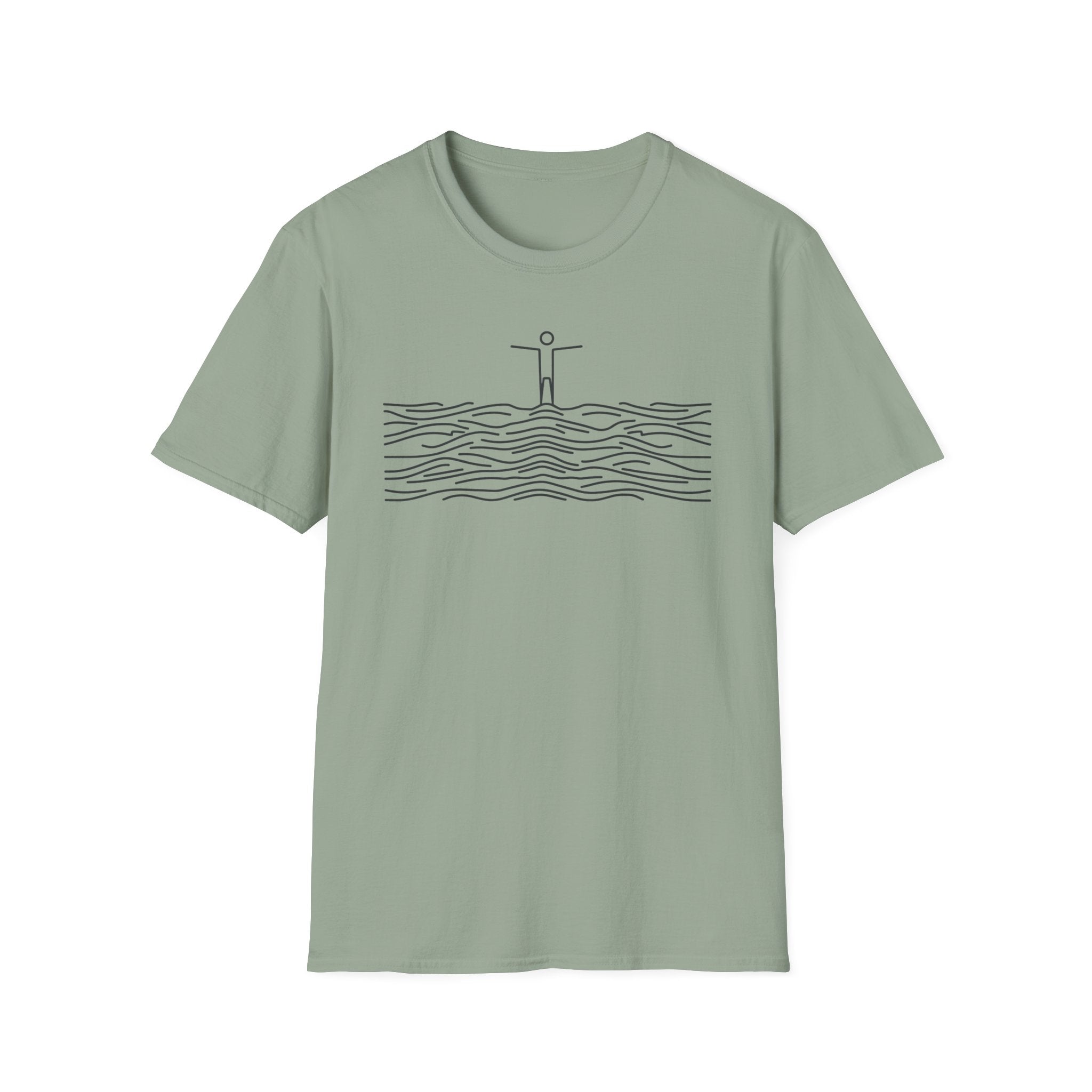 T-Shirt — Minimalist Ocean Waves & Standing Figure Tee — Calm Beach Vibes, Surfing/Travel Gift