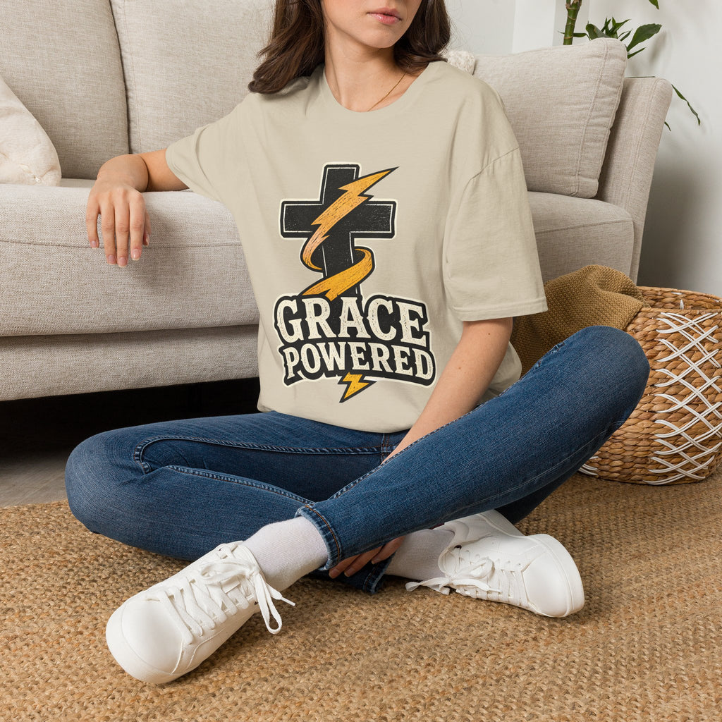 Grace Powered T-Shirt — Faith Cross with Lightning Christian Tee