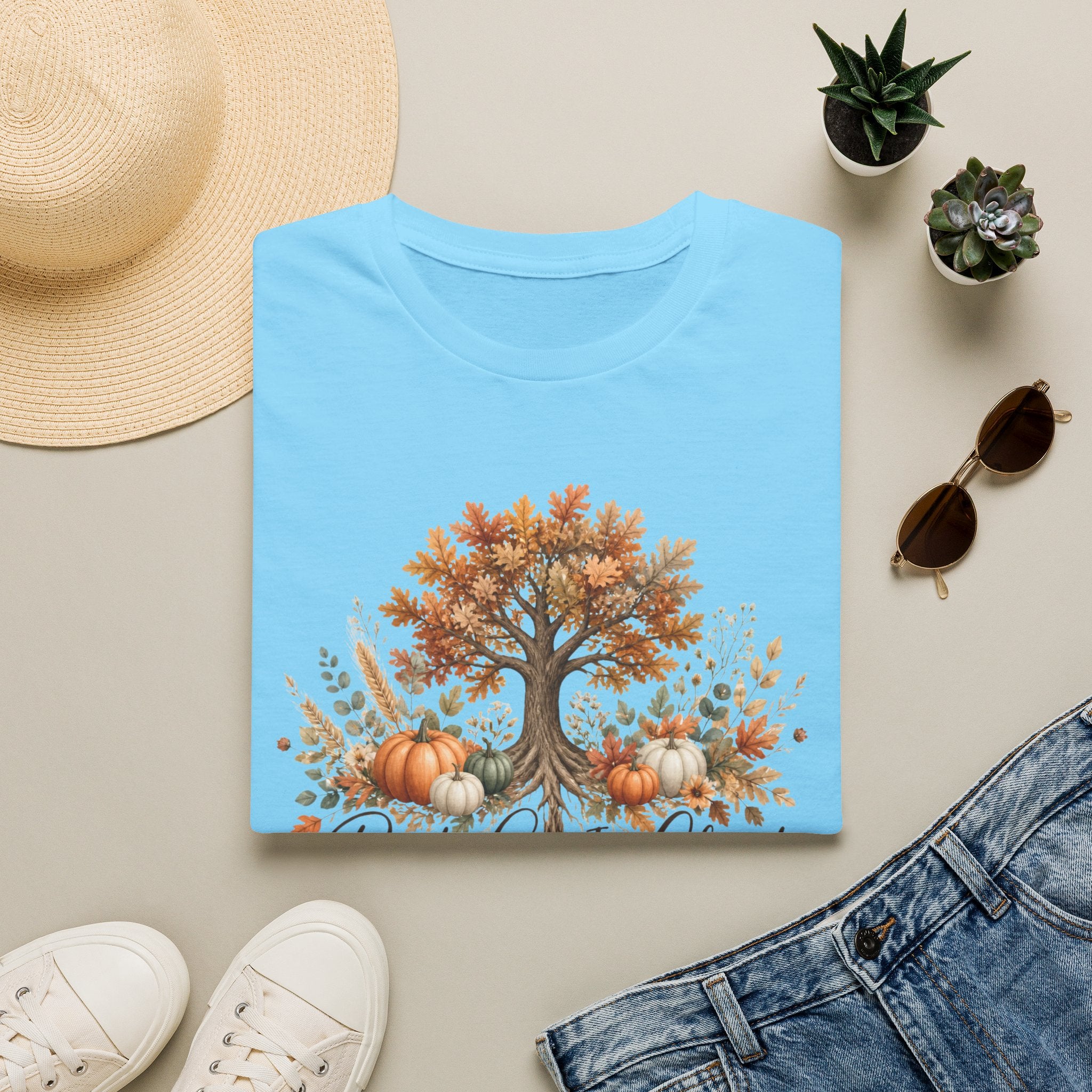 Fall Tree & Pumpkins T-Shirt — "Rooted in Christ" Autumn Faith Tee