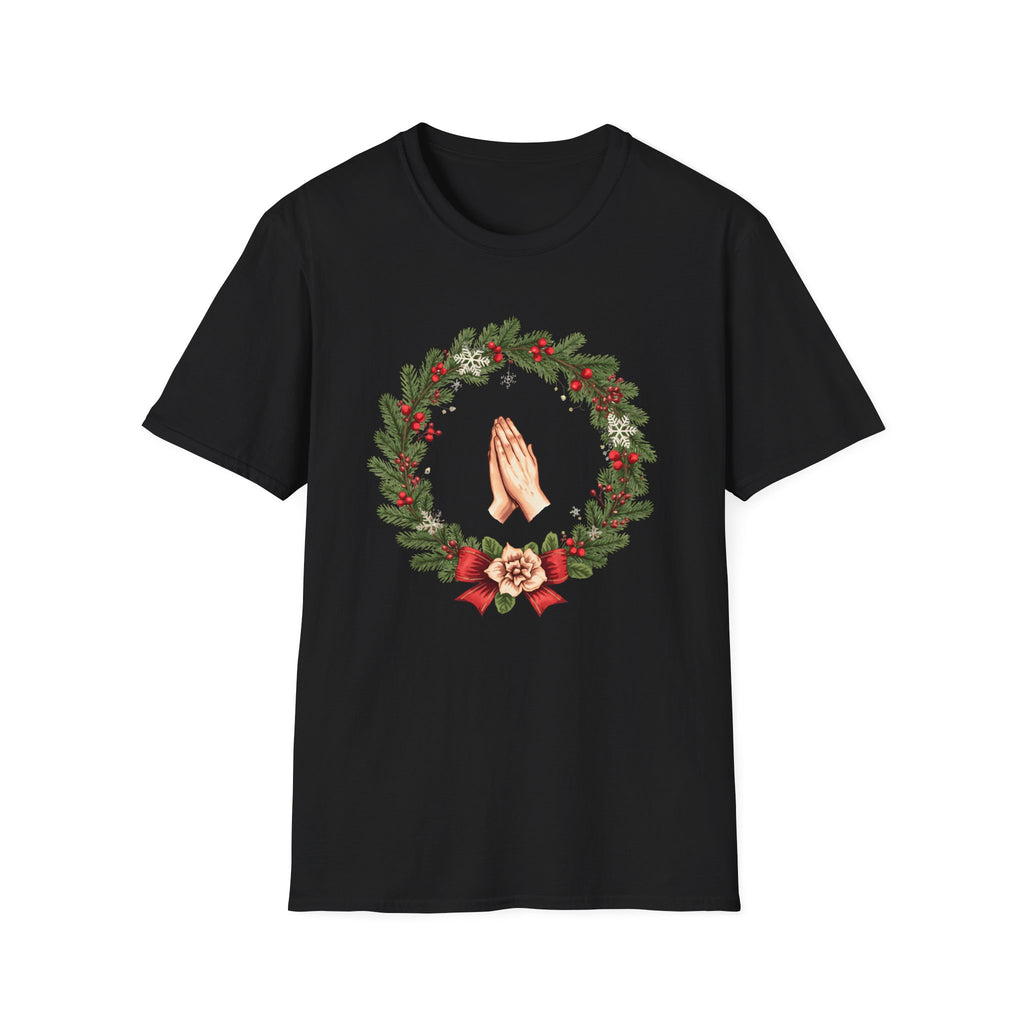 Christmas Prayer Hands T-Shirt — Holiday Wreath Faith Tee