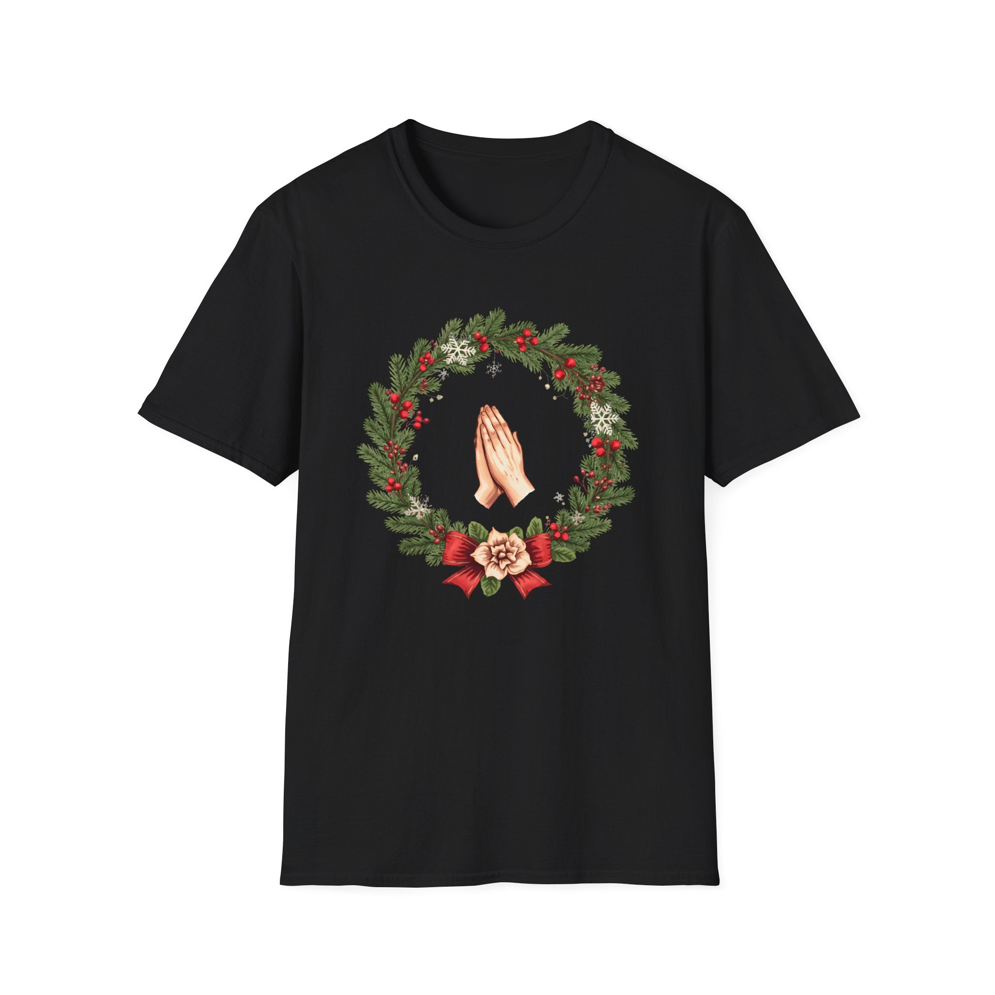 Christmas Prayer Hands T-Shirt — Holiday Wreath Faith Tee
