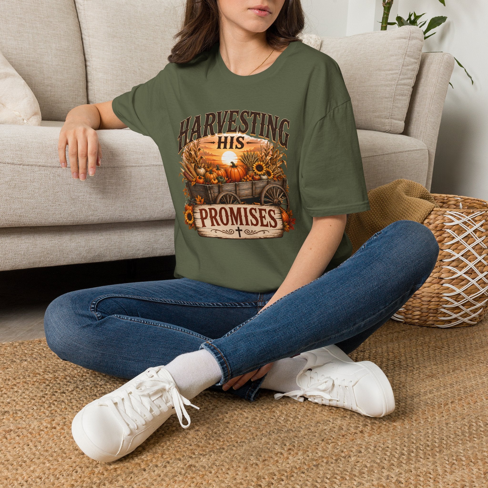 Harvesting His Promises T-Shirt — Fall Pumpkin & Sunflower Faith Tee