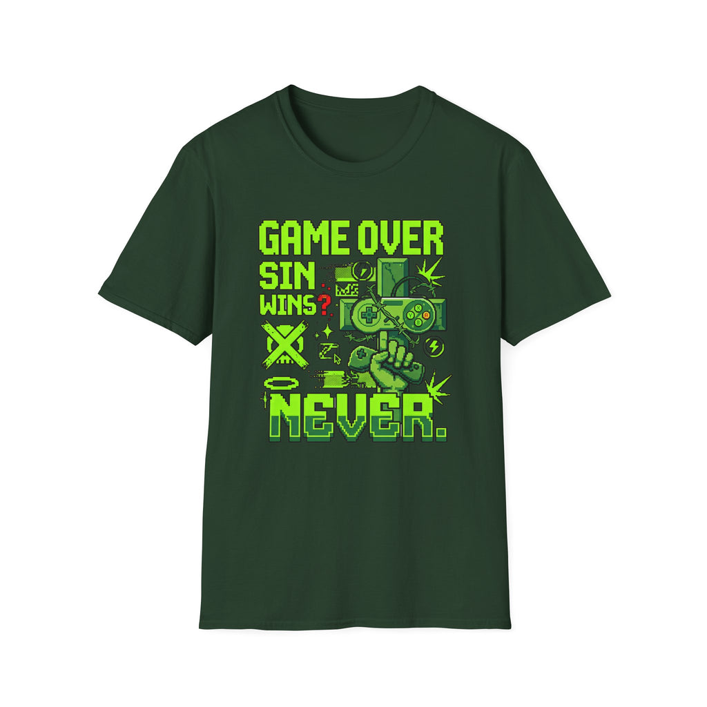 Video Game Christian T-Shirt — "Game Over? Sin Wins? Never." Neon Green Gamer Tee