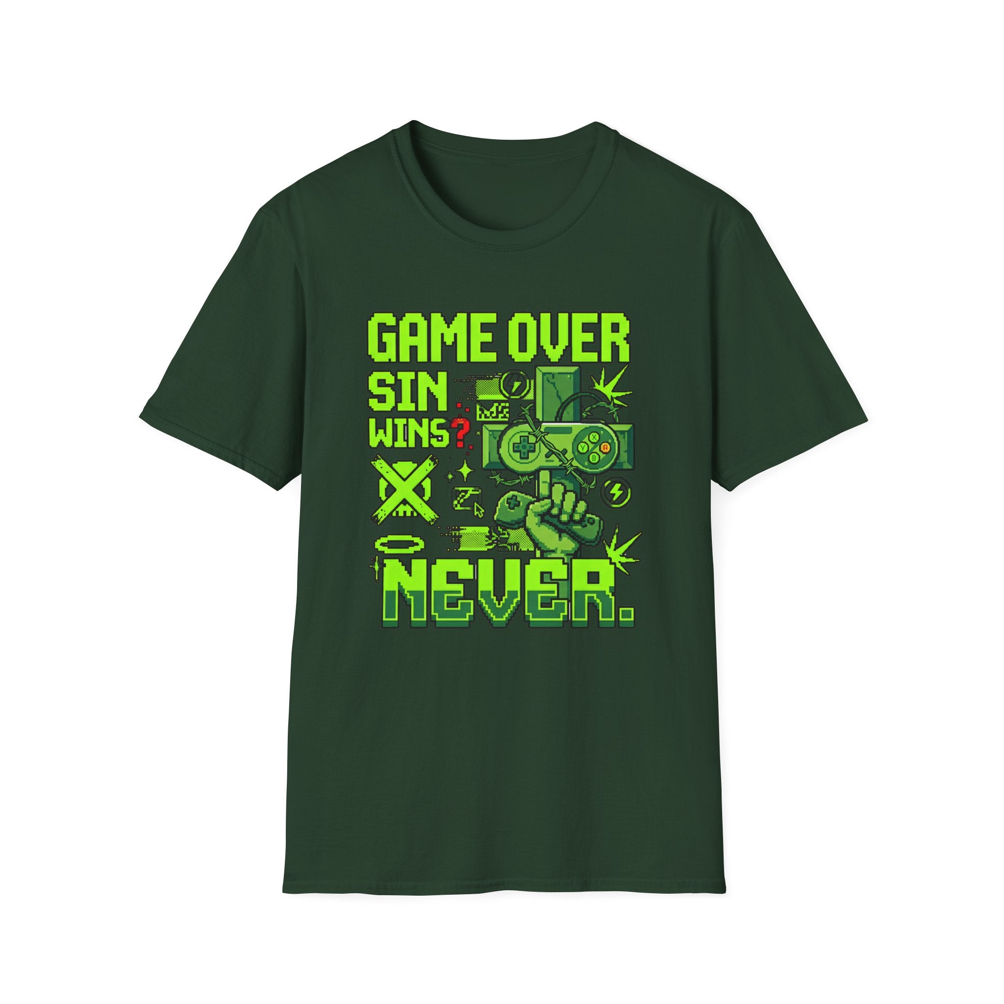 Video Game Christian T-Shirt — "Game Over? Sin Wins? Never." Neon Green Gamer Tee