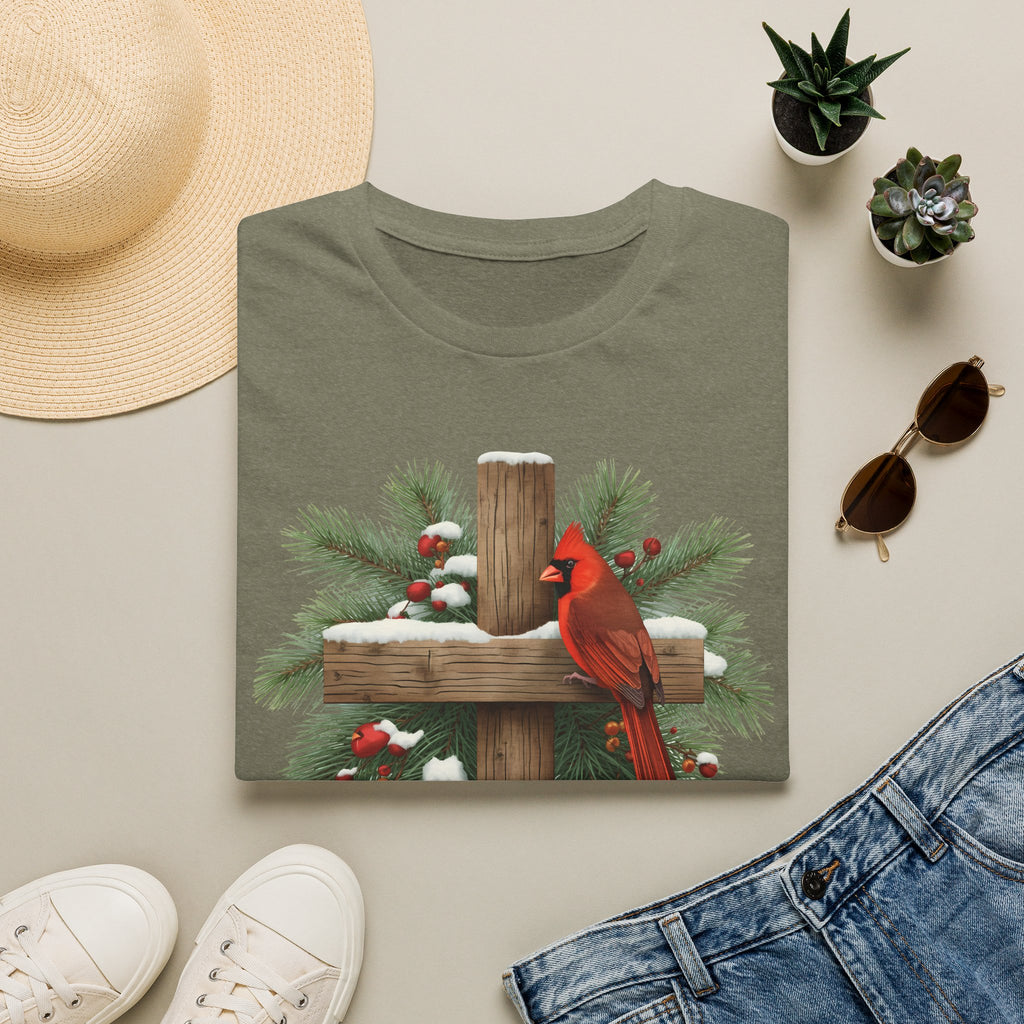Cardinal on Cross Christmas T-Shirt — Winter Nativity Holiday Tee