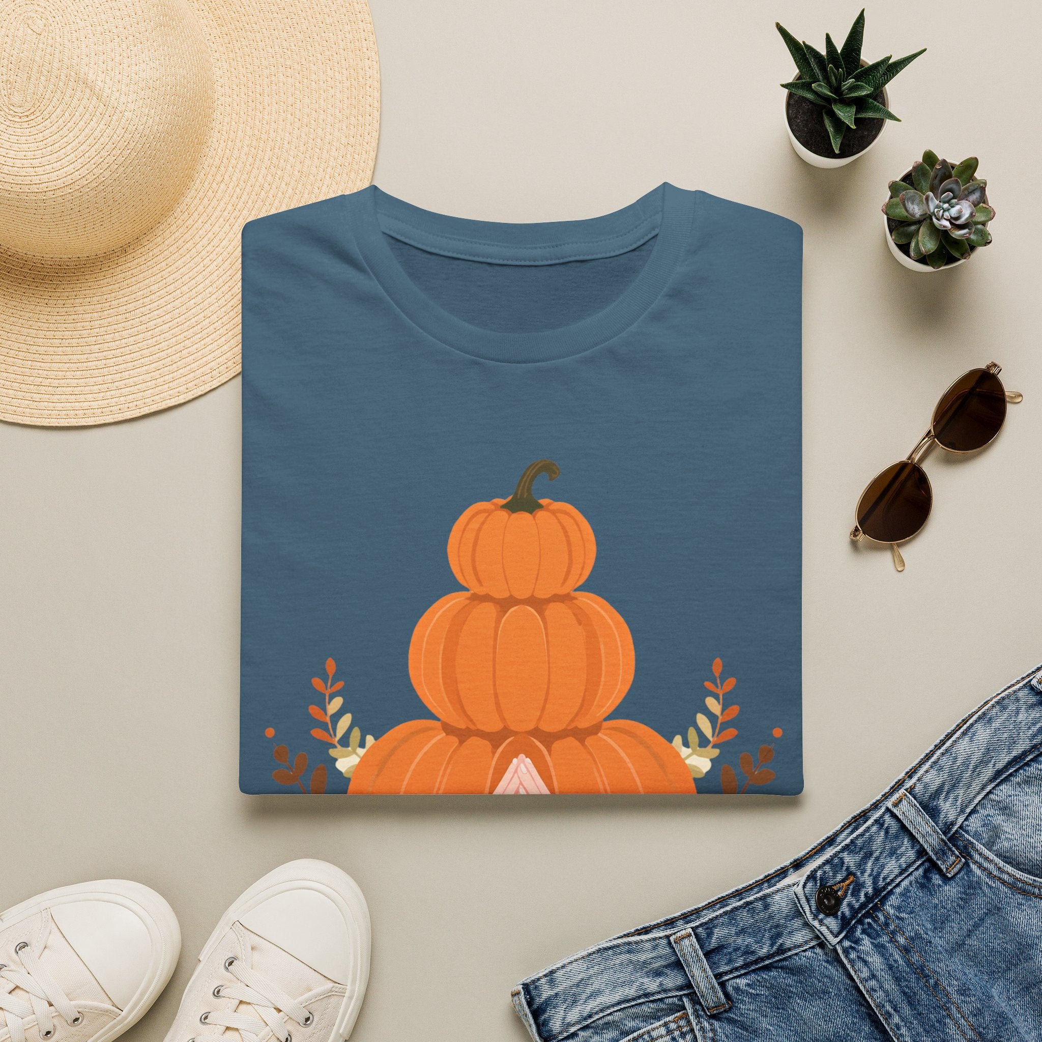 Pumpkin Stack T‑Shirt — Autumn Floral Fall Graphic Tee