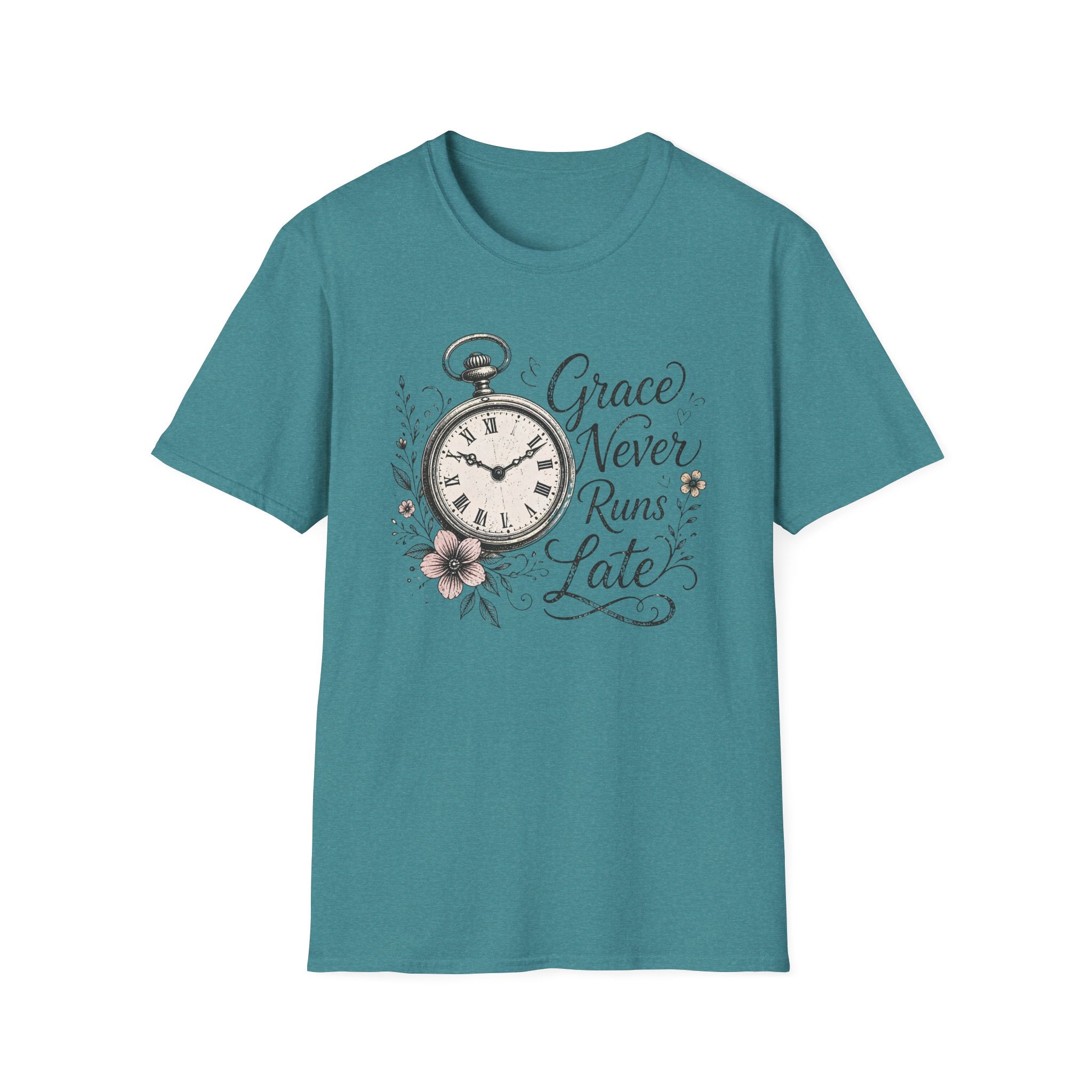 T-Shirt — Grace Never Runs Late Vintage Pocket Watch Inspirational Tee