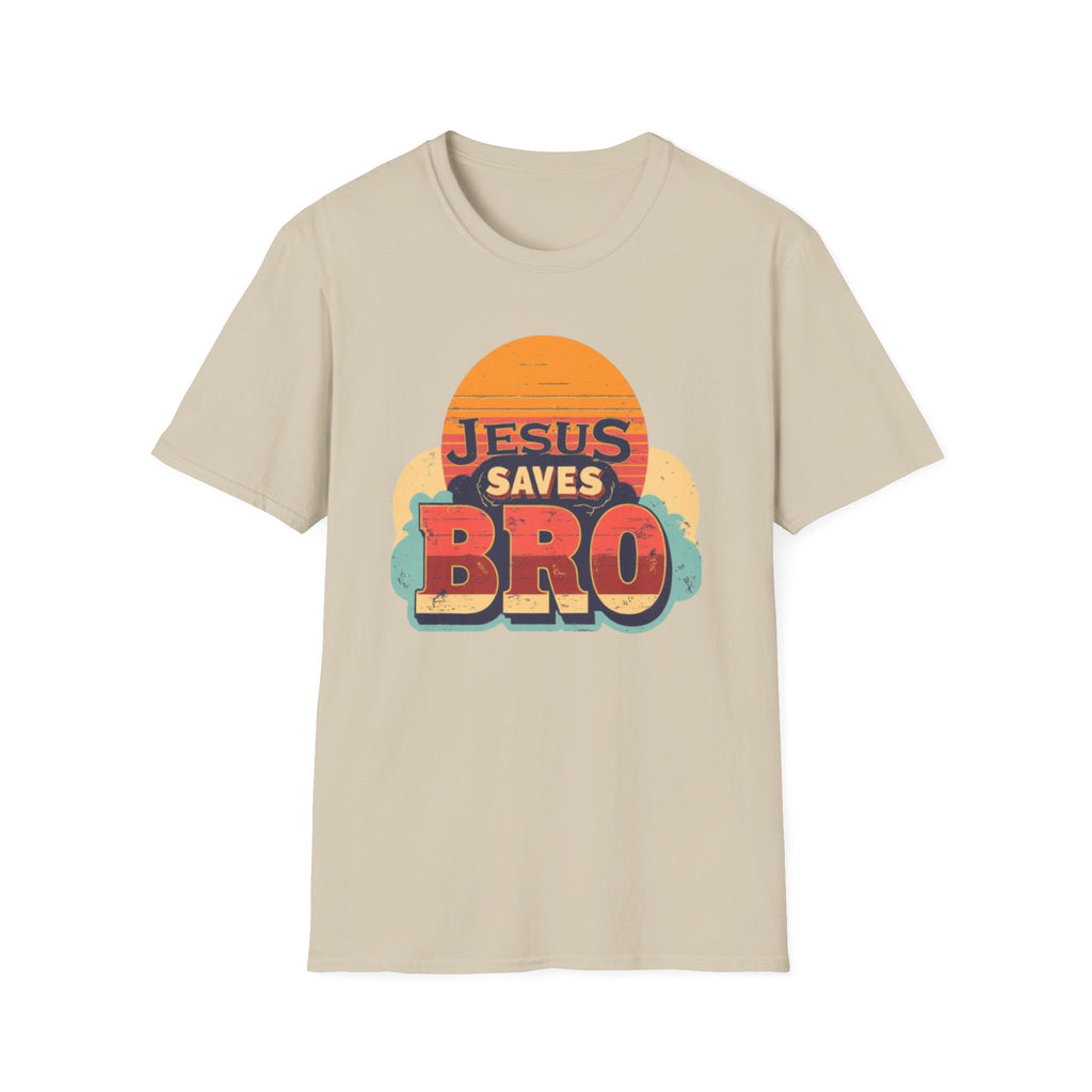 Christian T-Shirt — "Jesus Saves Bro" Retro Sunset Tee