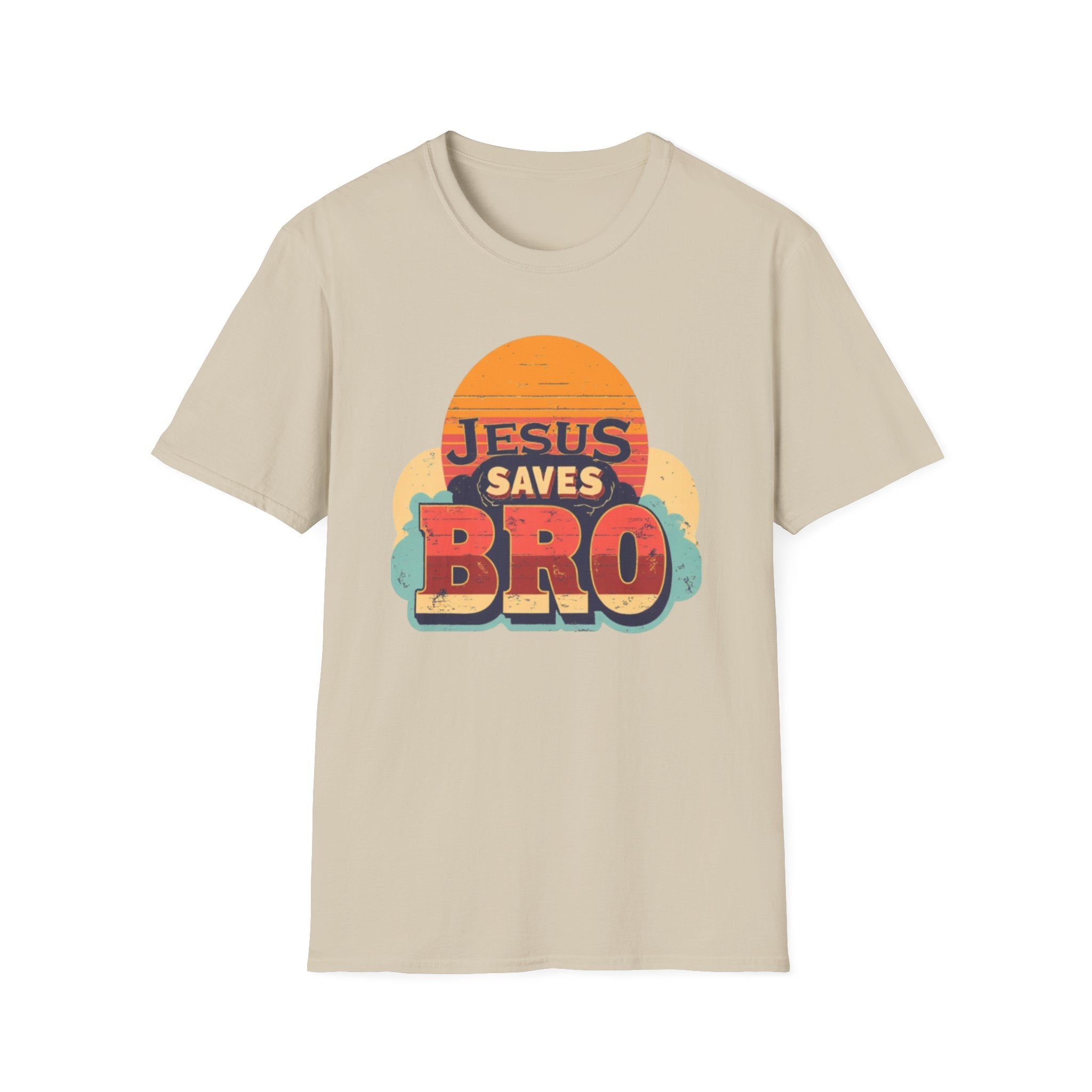 Christian T-Shirt — "Jesus Saves Bro" Retro Sunset Tee