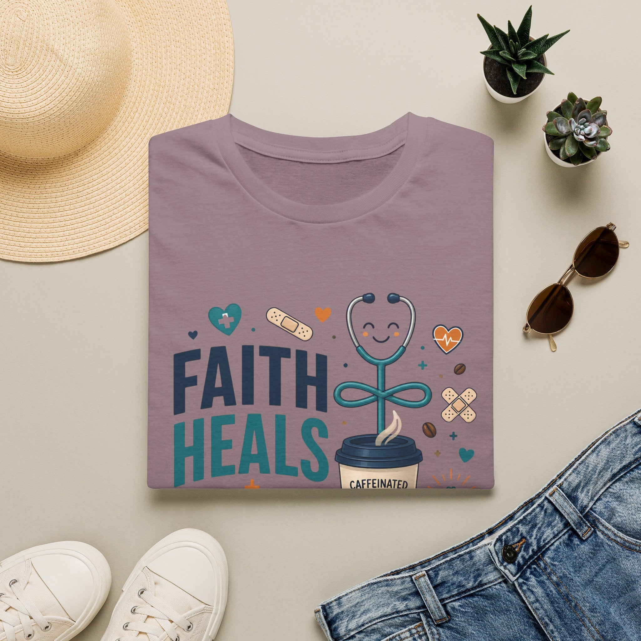Faith Heals T‑Shirt — Inspirational Medical Stethoscope Coffee Design