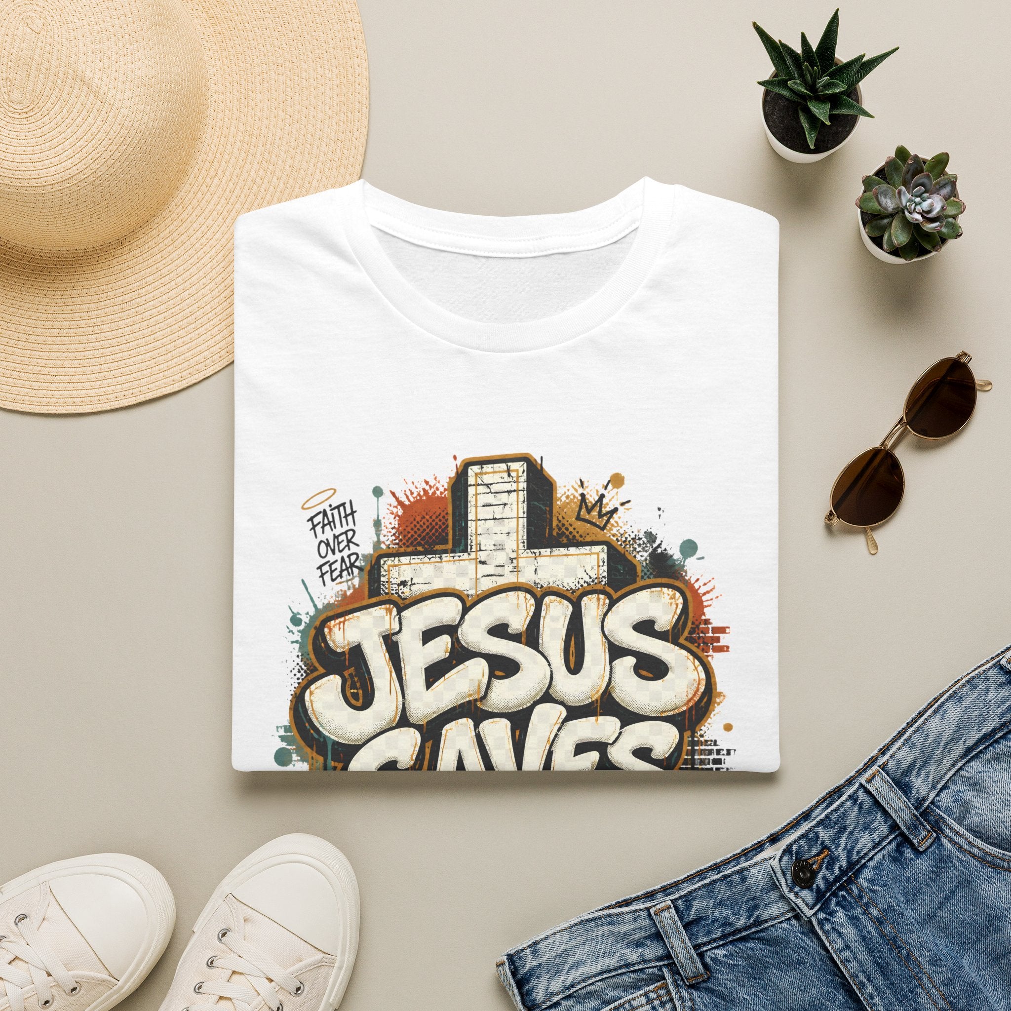 Jesus Saves T‑Shirt — Faith Graffiti Cross Christian Tee