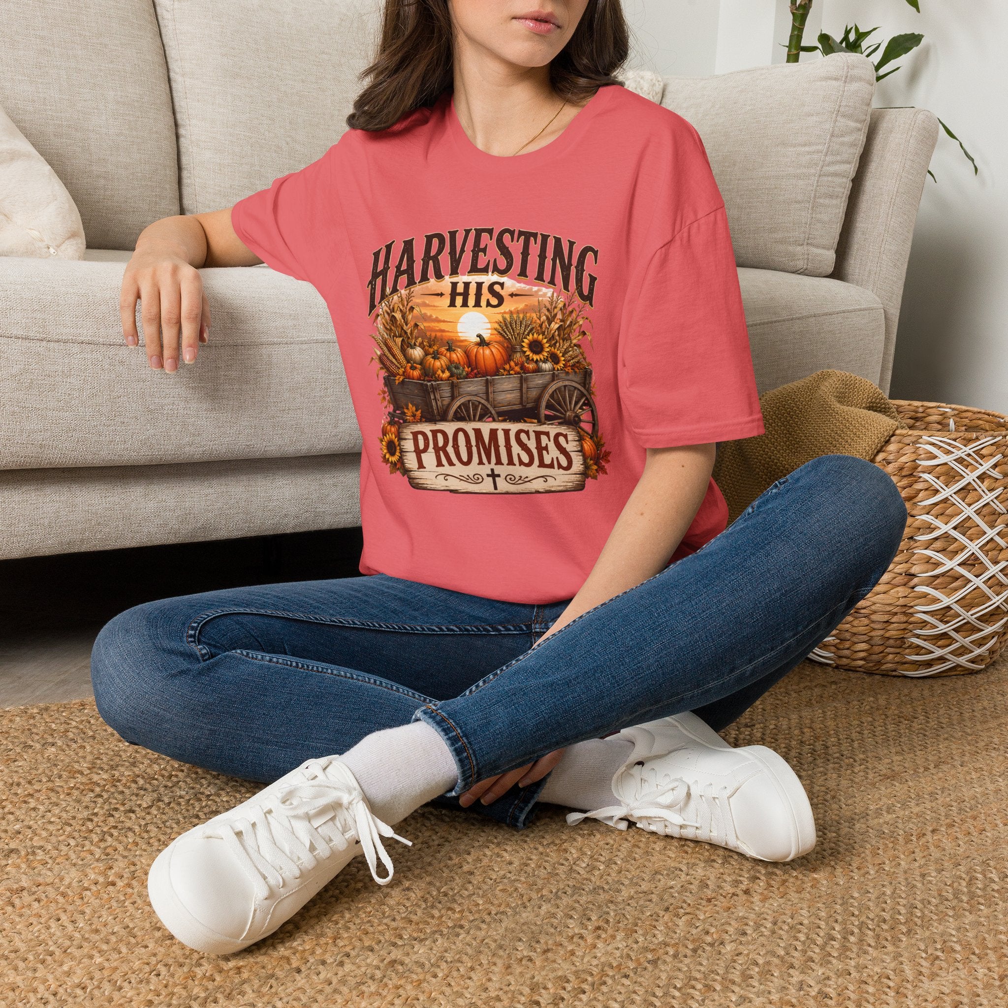 Harvesting His Promises T-Shirt — Fall Pumpkin & Sunflower Faith Tee