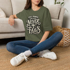 T-Shirt — “God’s Promise Never Never” Christian Faith Graphic