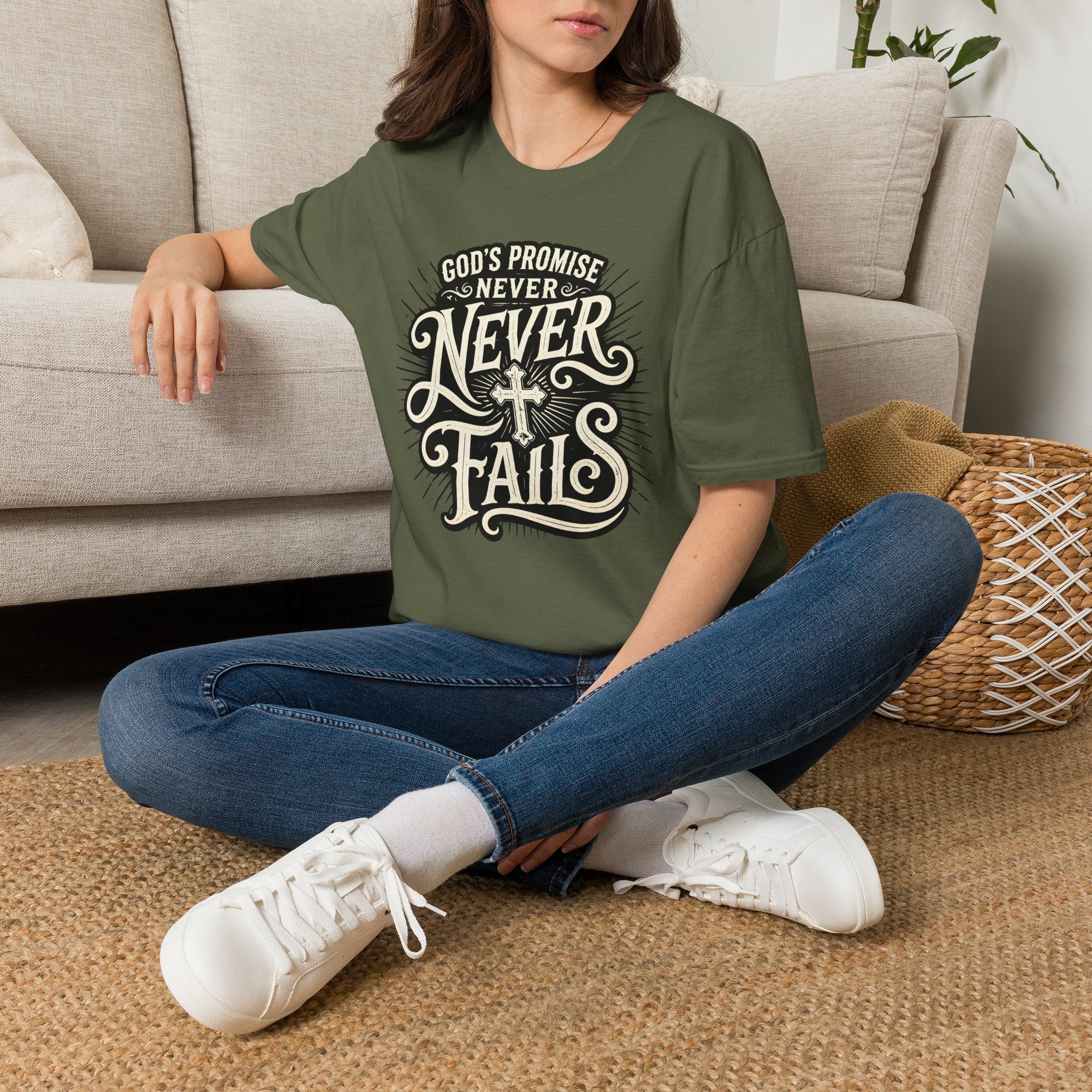 T-Shirt — “God’s Promise Never Never” Christian Faith Graphic