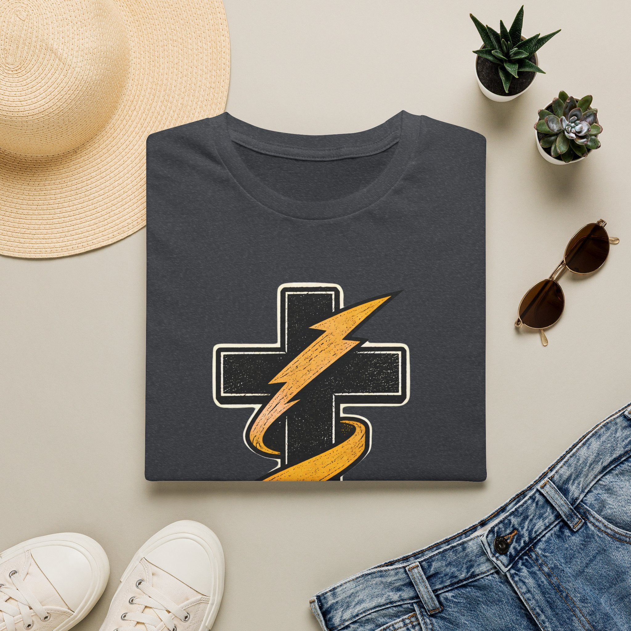 Grace Powered T-Shirt — Faith Cross with Lightning Christian Tee