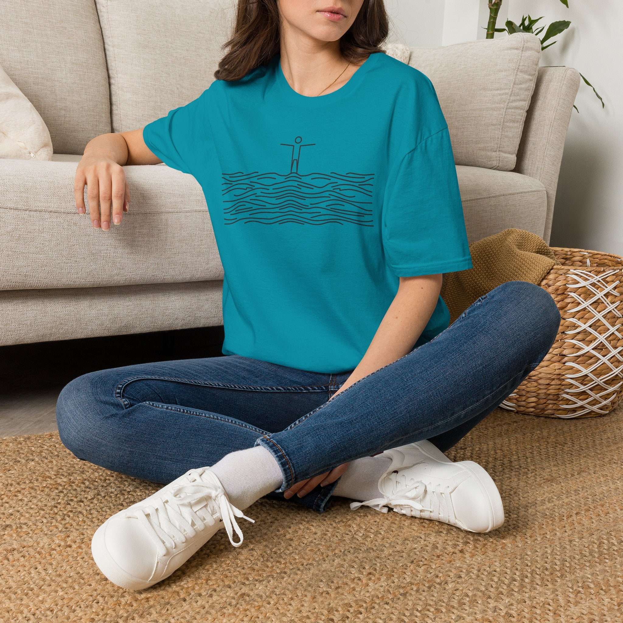 T-Shirt — Minimalist Ocean Waves & Standing Figure Tee — Calm Beach Vibes, Surfing/Travel Gift