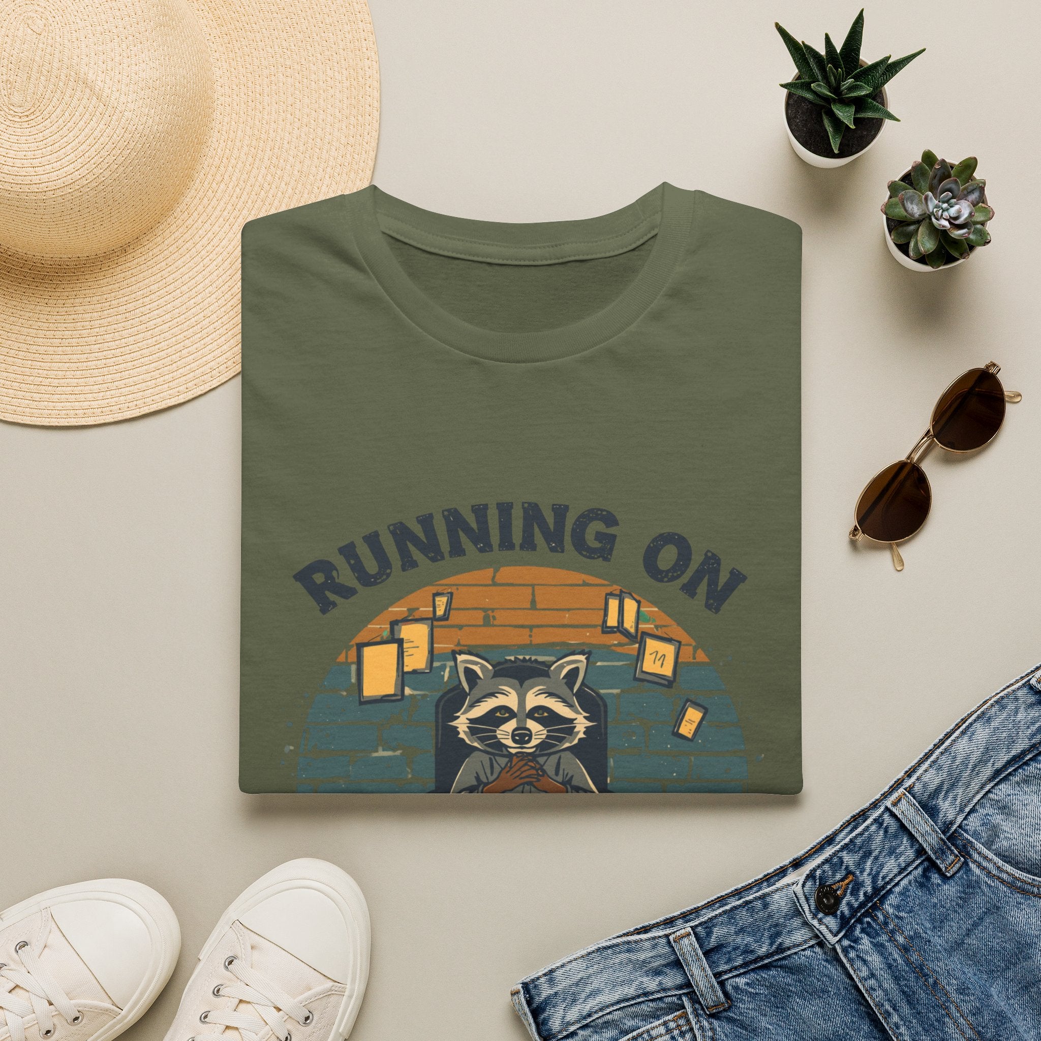T‑Shirt — Running On Prayer & Coffee Raccoon Graphic Tee