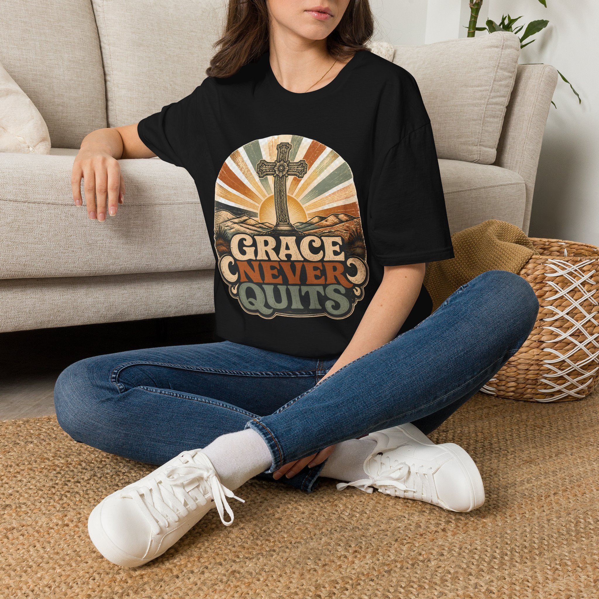 Christian T-Shirt — "Grace Never Quits" Retro Cross Sunrise Tee