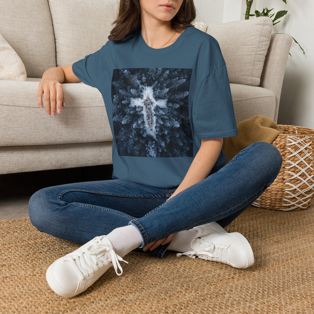 Cross in Snow Aerial Print T-Shirt — Minimalist Winter Graphic Tee
